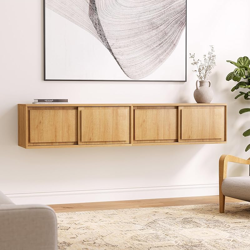 Modern Floating TV Stand, Accent Nightstands Wall Mounted Bedside Table Handless Storage Cabinet with Sliding Doors for Living Room Bedroom, Natural Oak