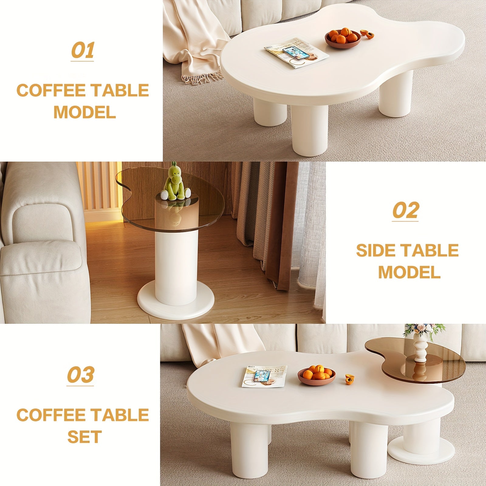 Guyii Nesting Coffee Table Set Of 2, Tempered Glass Side Table And Cloud Coffee Table, White Cream 2in 1 Modern Coffee Table, End Table for Living Room, Bedroom, Small Spaces, Easy Assembly