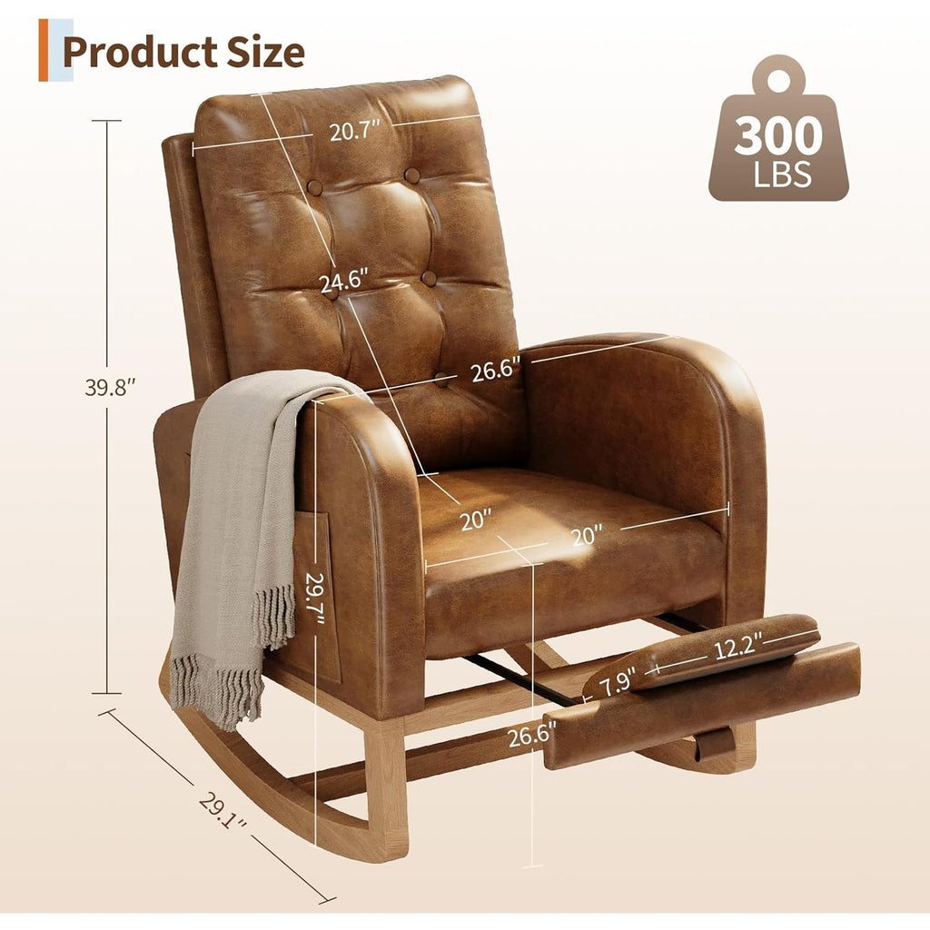 Single Modern Rocker Chair for Living Room | Faux Leather Cushioned, Comfortable Recliner with Side Pocket and Footrest, Brown, Suitable for Living Room, Bedroom, or Nursing Room, EUKER Brand