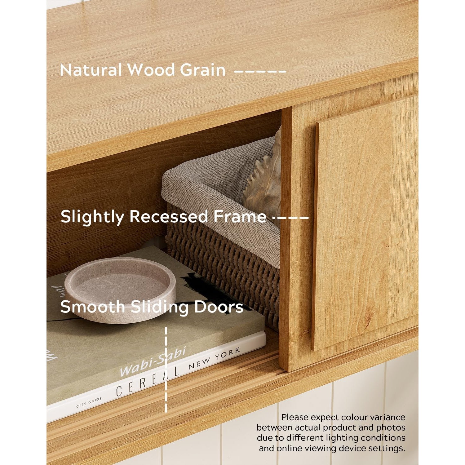 Modern Floating TV Stand, Accent Nightstands Wall Mounted Bedside Table Handless Storage Cabinet with Sliding Doors for Living Room Bedroom, Natural Oak