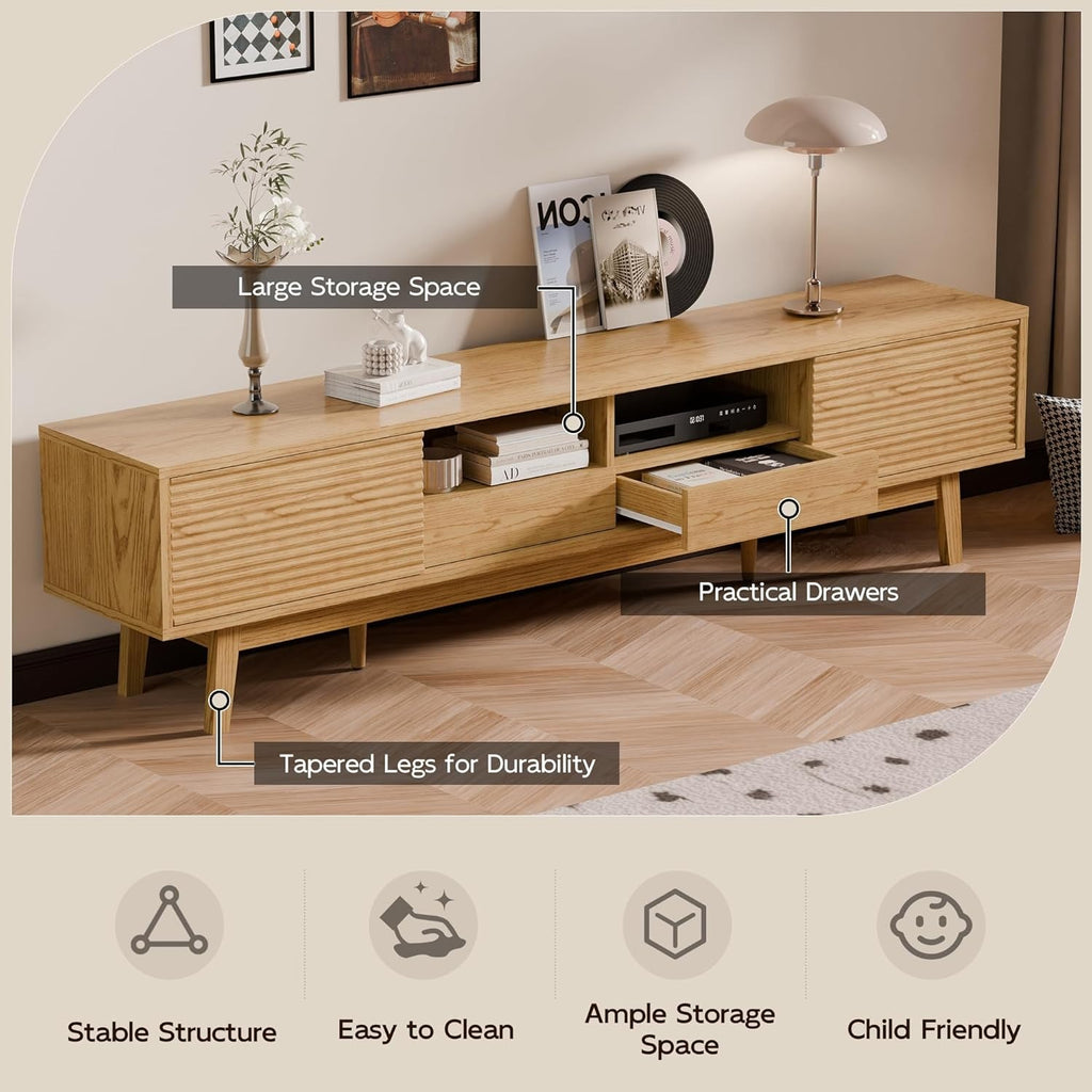 70-inch Modern TV Stand Compatible for 55\u002F65\u002F75 Inch TVs, Low Profile Media Console with Sliding Doors & Open Storage, Oak Boho Credenza Suitable for Living Room, Media for 75-inch TVs