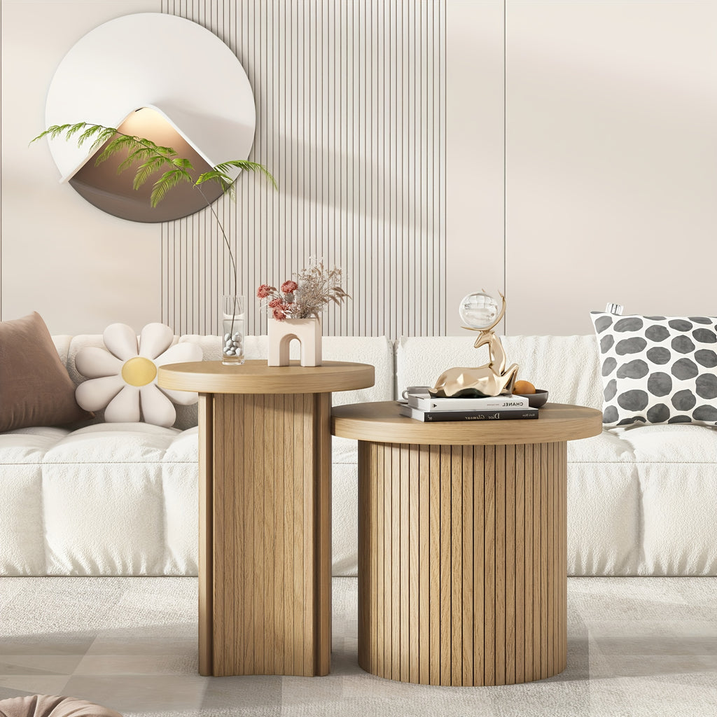 Round Wooden Coffee Table Set of 2, Modern Nesting Coffee Table, Circle Side Table for Living Room, Office, Balcony (Small 2pcs Set)