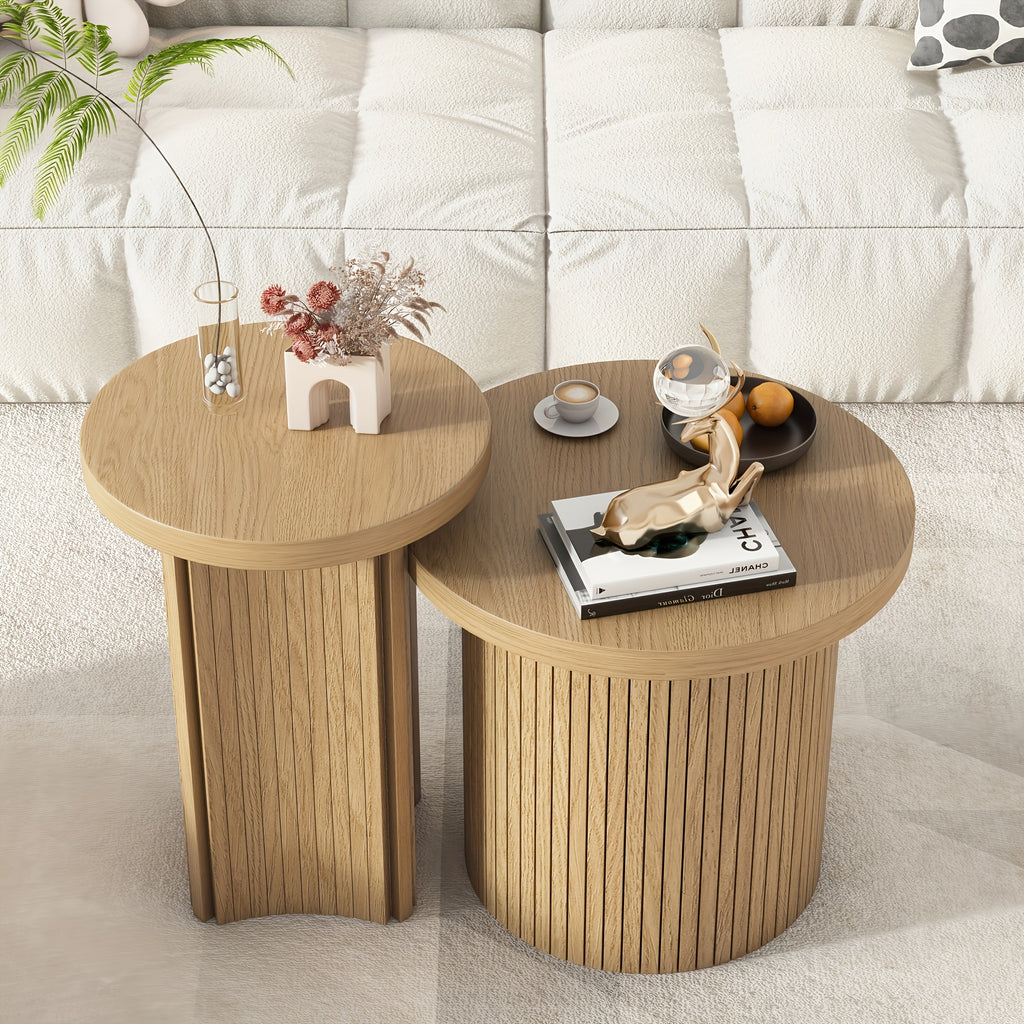 Round Wooden Coffee Table Set of 2, Modern Nesting Coffee Table, Circle Side Table for Living Room, Office, Balcony (Small 2pcs Set)