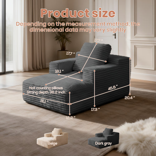 50-inch Single Boneless Chaise Lounge Sofa Bed, Deep Seat Recliner, Comfortable Cloud Sofa, Suitable for Bedroom, Living Room, Home Theater, No Assembly Required