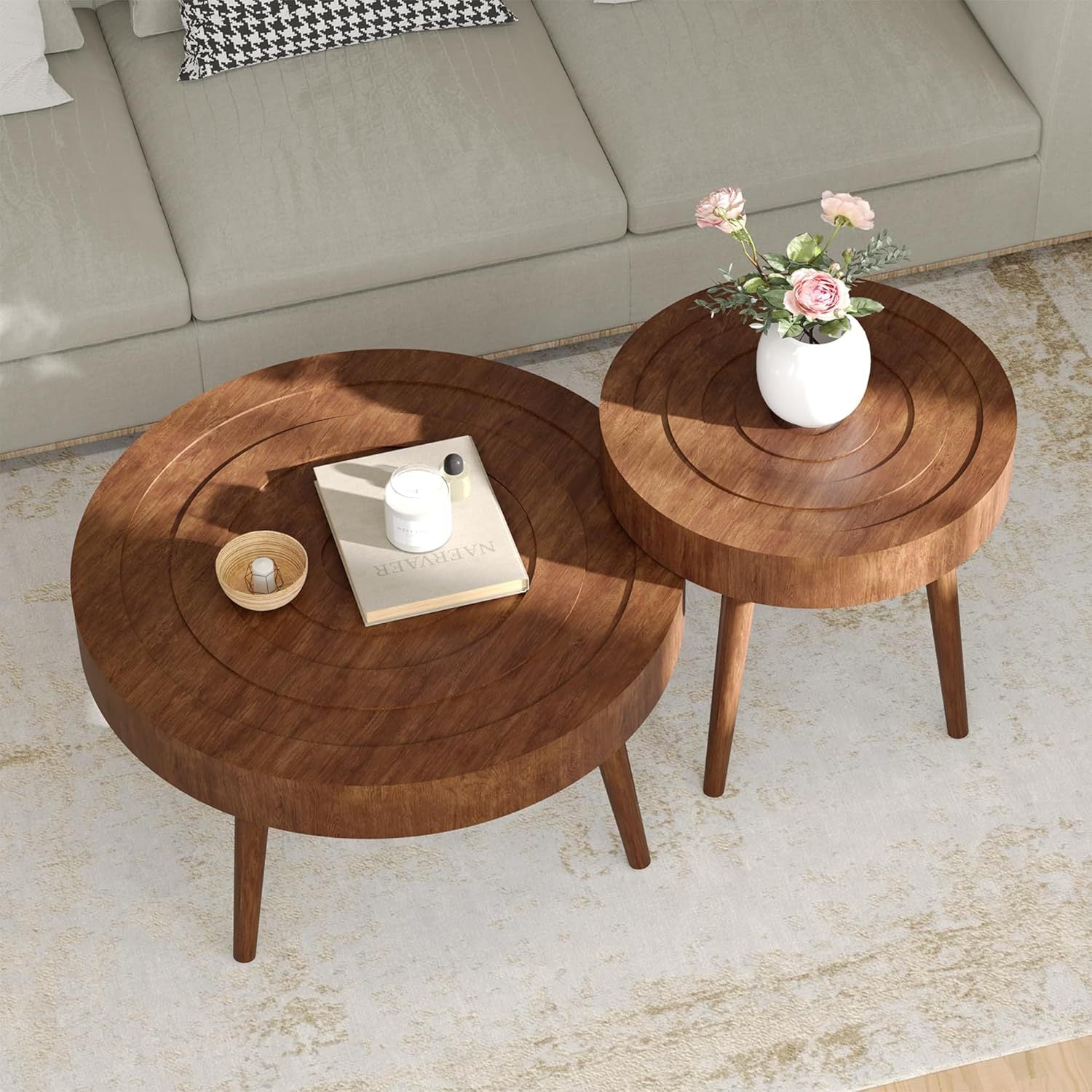 Round Nesting Coffee Table Set - 2pcs Concentric Circle Design for Living Room & Bedroom, 31.5'' & 21.8'' Modern Wood Side Tables | Modular Split Design, Easy to Move, Sturdy & Scratch-, Minimalist Decor, Easy-Clean Surface