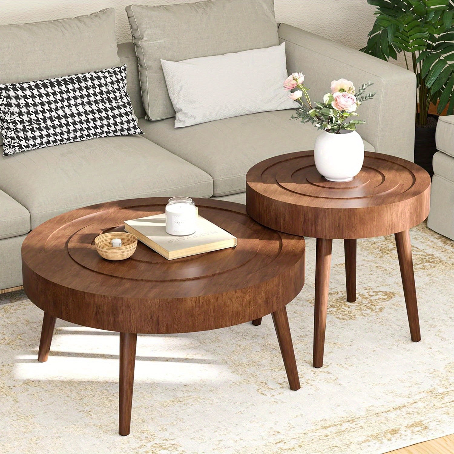 Round Nesting Coffee Table Set - 2pcs Concentric Circle Design for Living Room & Bedroom, 31.5'' & 21.8'' Modern Wood Side Tables | Modular Split Design, Easy to Move, Sturdy & Scratch-, Minimalist Decor, Easy-Clean Surface