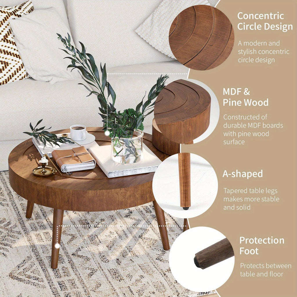 Round Nesting Coffee Table Set - 2pcs Concentric Circle Design for Living Room & Bedroom, 31.5'' & 21.8'' Modern Wood Side Tables | Modular Split Design, Easy to Move, Sturdy & Scratch-, Minimalist Decor, Easy-Clean Surface