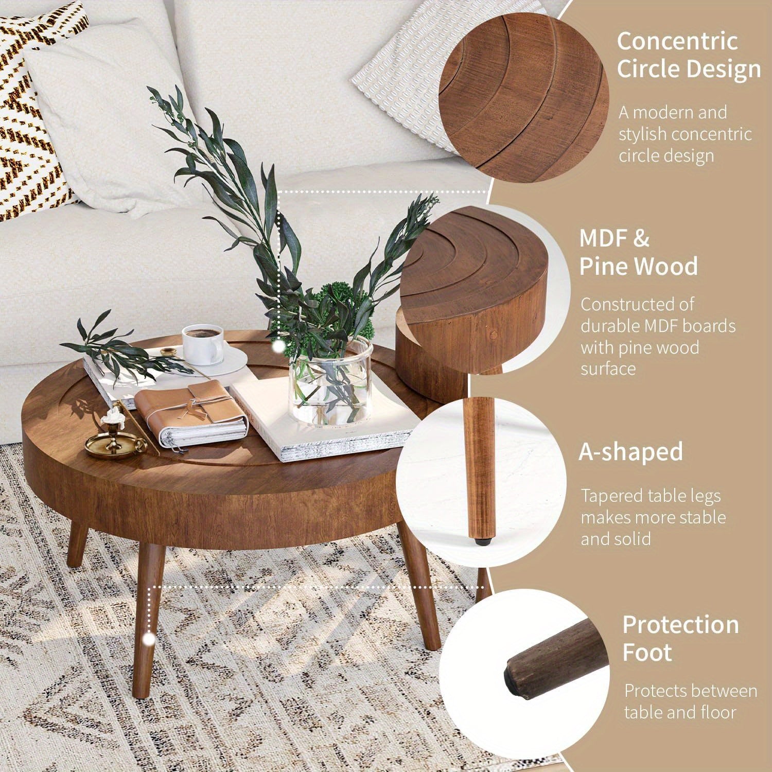 Round Nesting Coffee Table Set - 2pcs Concentric Circle Design for Living Room & Bedroom, 31.5'' & 21.8'' Modern Wood Side Tables | Modular Split Design, Easy to Move, Sturdy & Scratch-, Minimalist Decor, Easy-Clean Surface