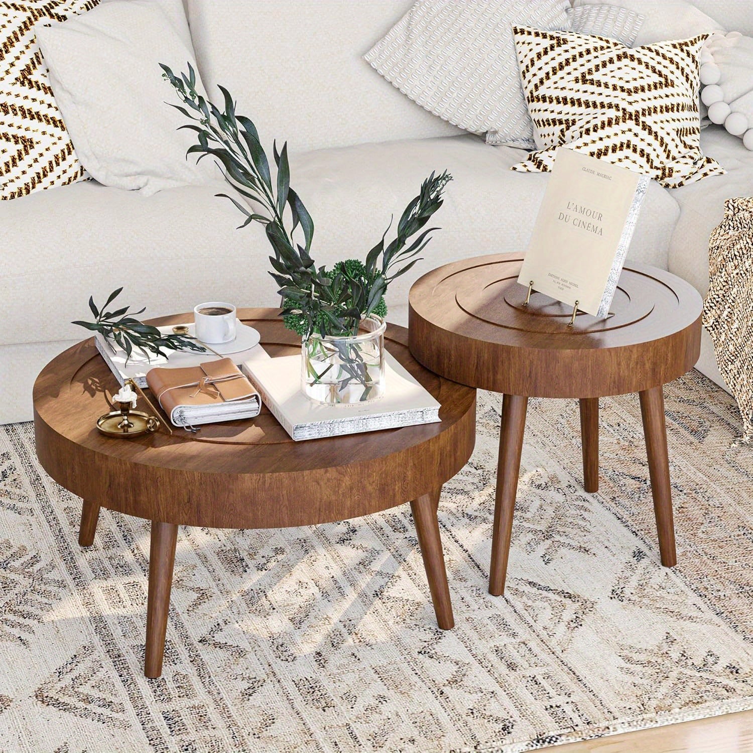 Round Nesting Coffee Table Set - 2pcs Concentric Circle Design for Living Room & Bedroom, 31.5'' & 21.8'' Modern Wood Side Tables | Modular Split Design, Easy to Move, Sturdy & Scratch-, Minimalist Decor, Easy-Clean Surface