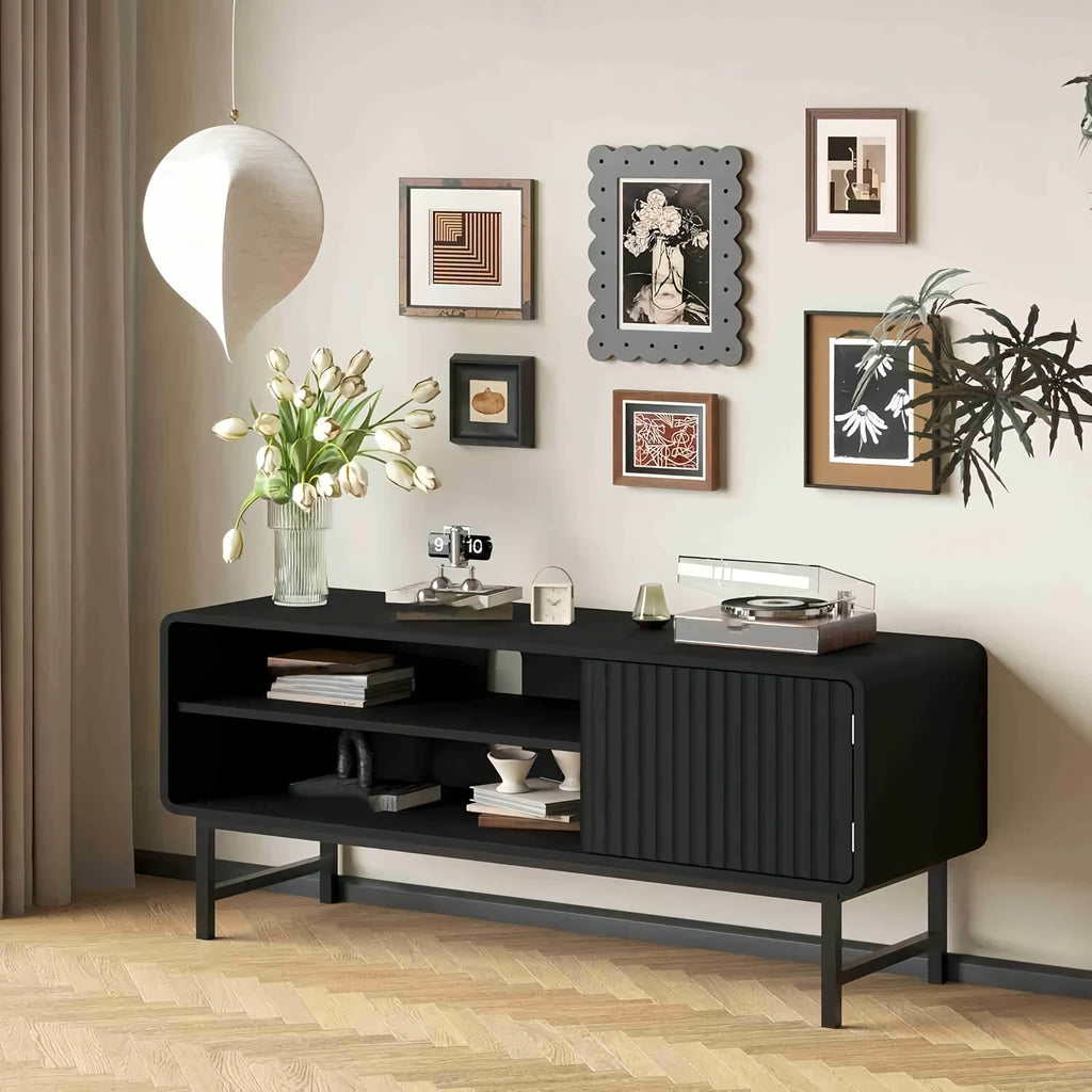 43-Inch Modern Farmhouse TV Stand with Doors & Open\u002FShut Cabinets - Wood Entertainment Center Suitable for TVs 30-50\