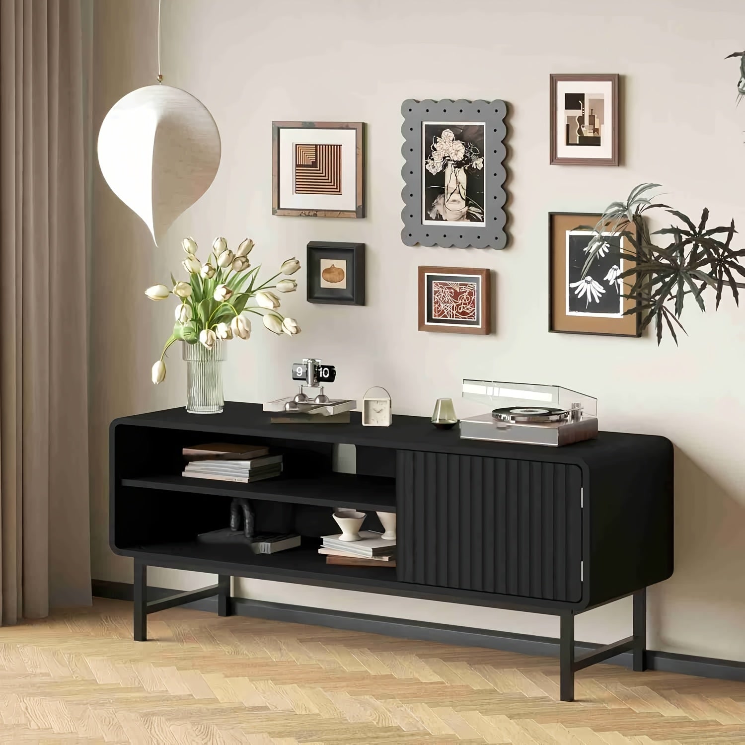 43-Inch Modern Farmhouse TV Stand with Doors & Open\u002FShut Cabinets - Wood Entertainment Center Suitable for TVs 30-50\