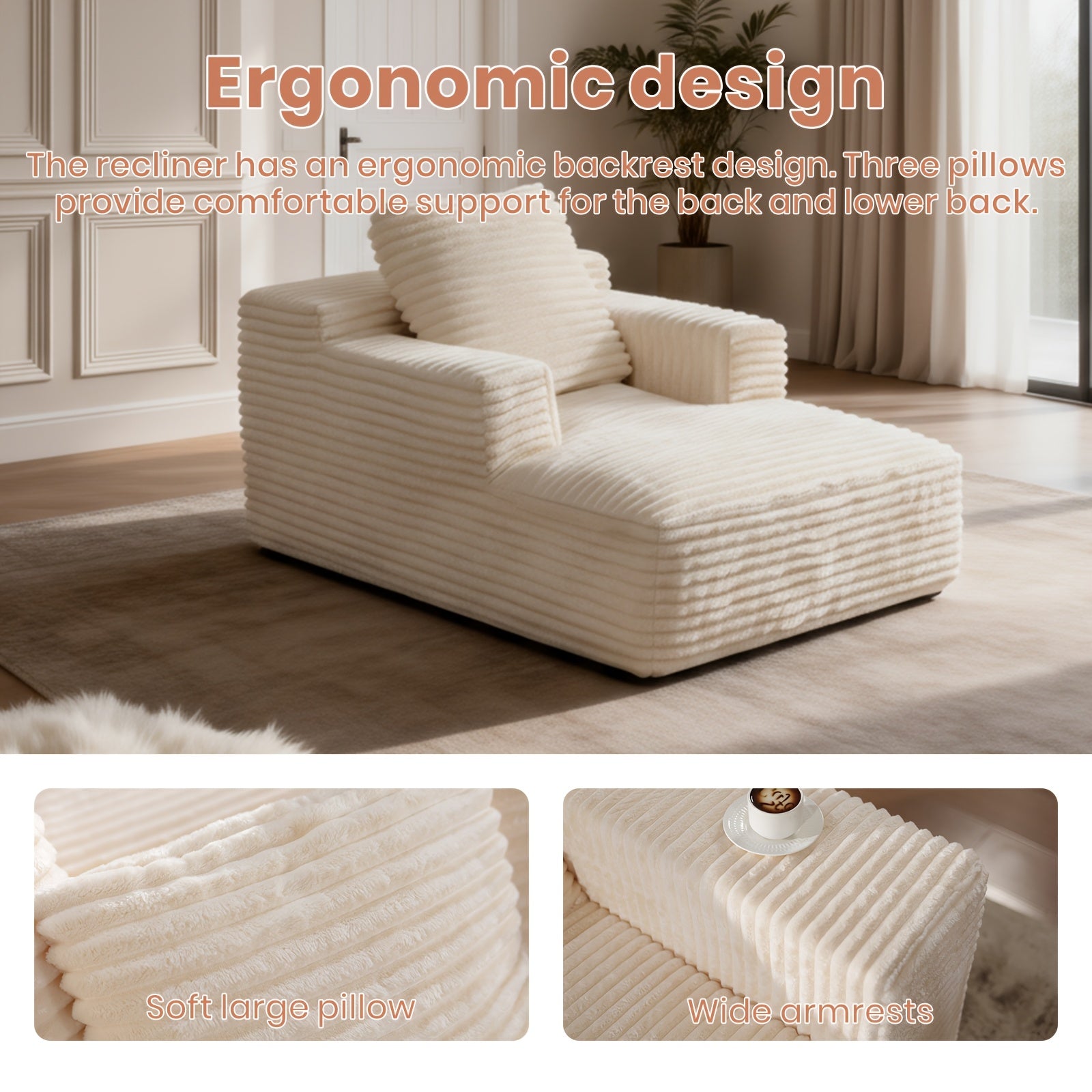 50-inch Single Boneless Chaise Lounge Sofa Bed, Deep Seat Recliner, Comfortable Cloud Sofa, Suitable for Bedroom, Living Room, Home Theater, No Assembly Required