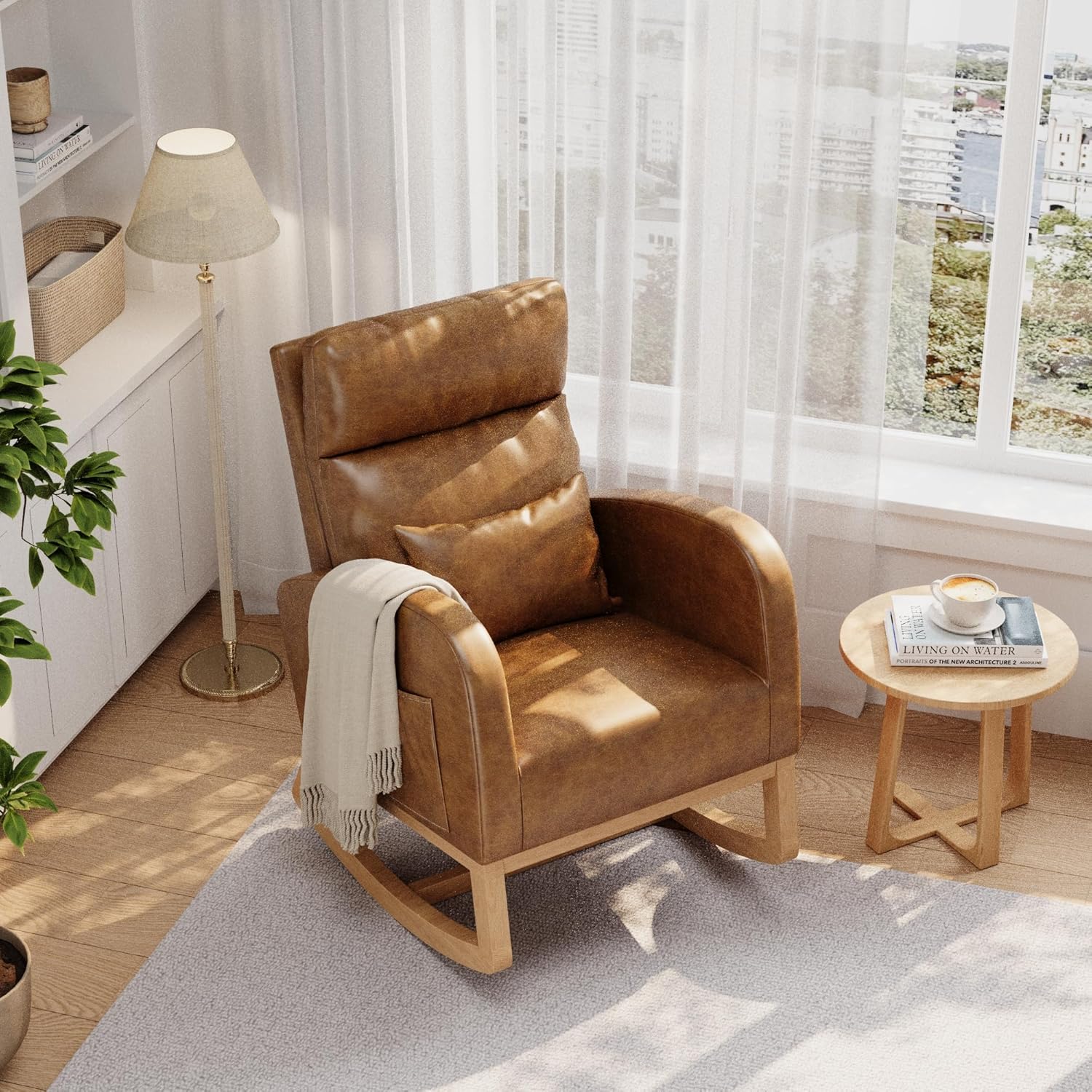 Single Modern Rocker Chair for Living Room | Faux Leather Cushioned, Comfortable Recliner with Side Pocket and Footrest, Brown, Suitable for Living Room, Bedroom, or Nursing Room, EUKER Brand