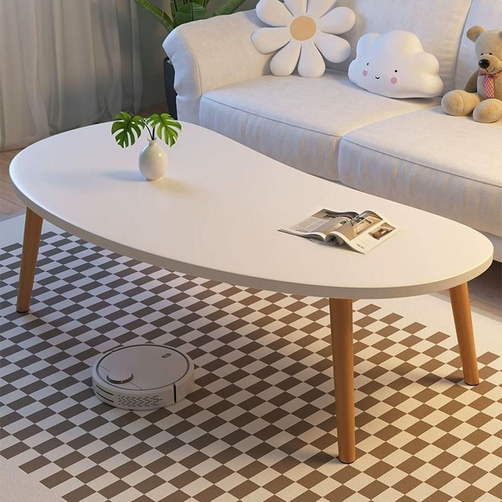 Solid Wood Nordic Modern Coffee Table with Round Edge - Space-Saving Tea Table, Natural Wood Grain, Assembly Living Room Center Table for Small Spaces Suitable for Nordic Modern Farmhouse Decor