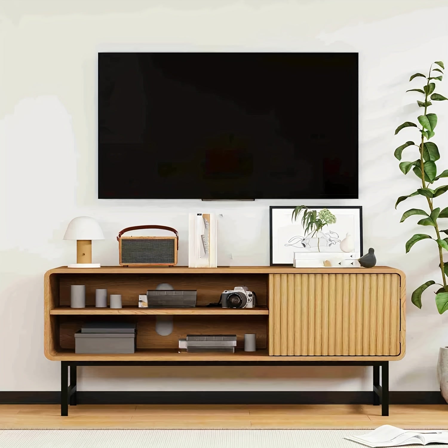 43-Inch Modern Farmhouse TV Stand with Doors & Open\u002FShut Cabinets - Wood Entertainment Center Suitable for TVs 30-50\