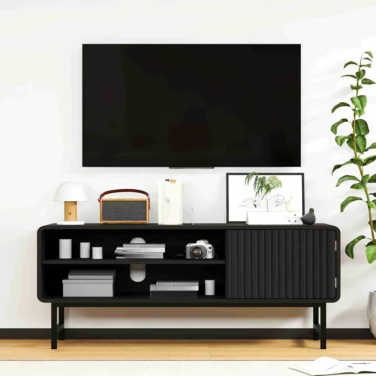 43-Inch Modern Farmhouse TV Stand with Doors & Open\u002FShut Cabinets - Wood Entertainment Center Suitable for TVs 30-50\
