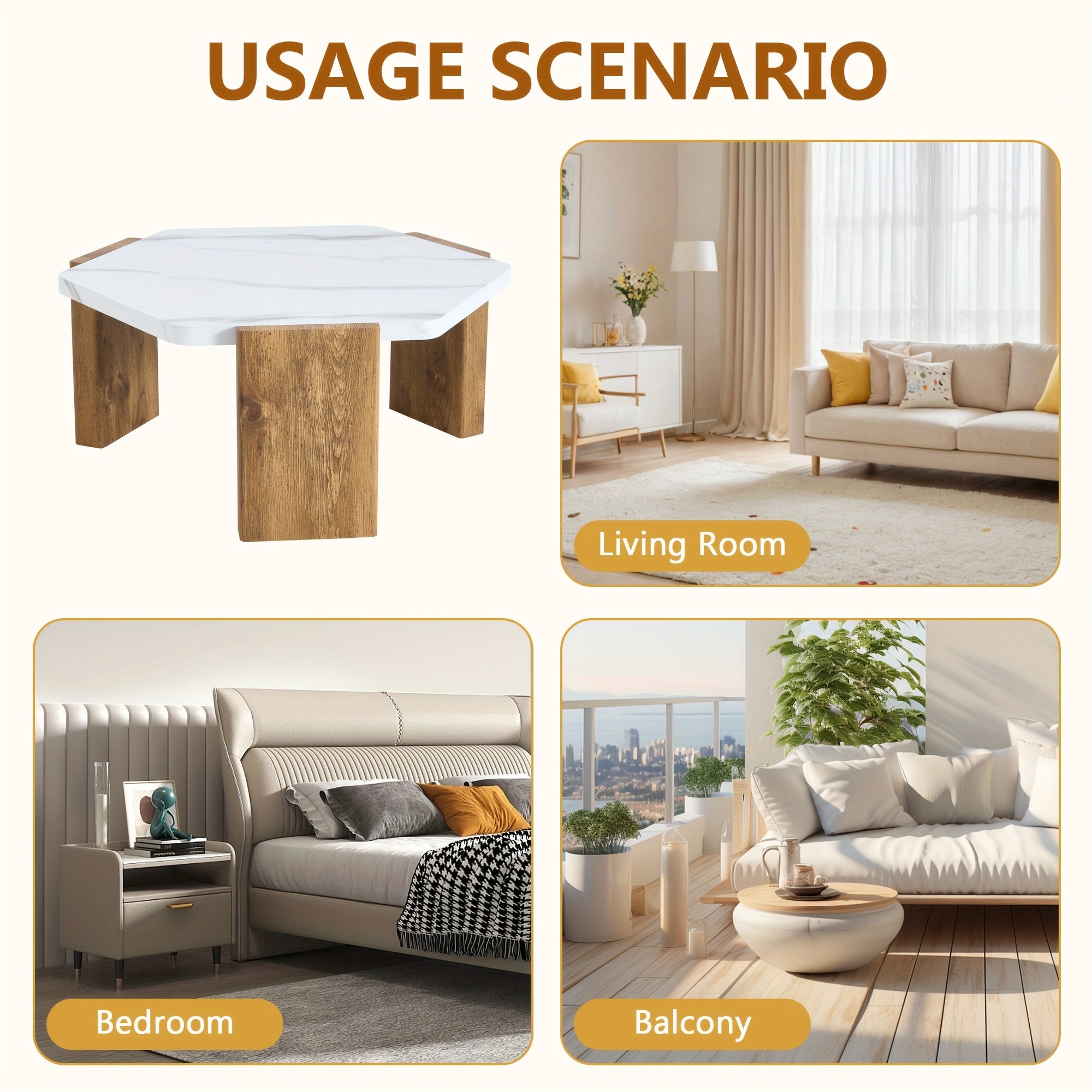 Coffee Table For Living Room, Modern Contemporary 31-Inch Hexagonal Coffee Table With White Faux Marble Tabletop, MDF Wood-Tone Three-Leg Base, Compact Small Center Table For Home Or Office, Easy Assembly, L31 X W27.4 X H13.6 In, Coffee Table Decor