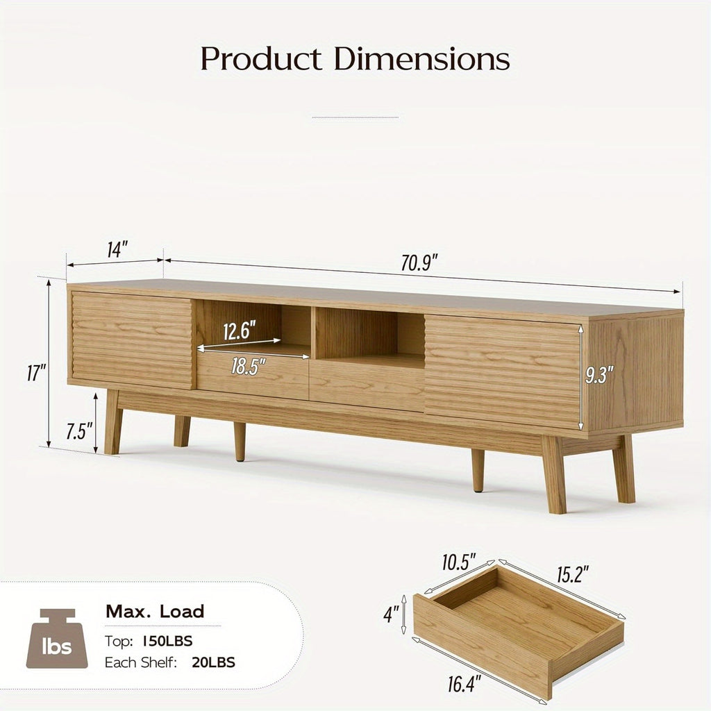 70-inch Modern TV Stand Compatible for 55\u002F65\u002F75 Inch TVs, Low Profile Media Console with Sliding Doors & Open Storage, Oak Boho Credenza Suitable for Living Room, Media for 75-inch TVs