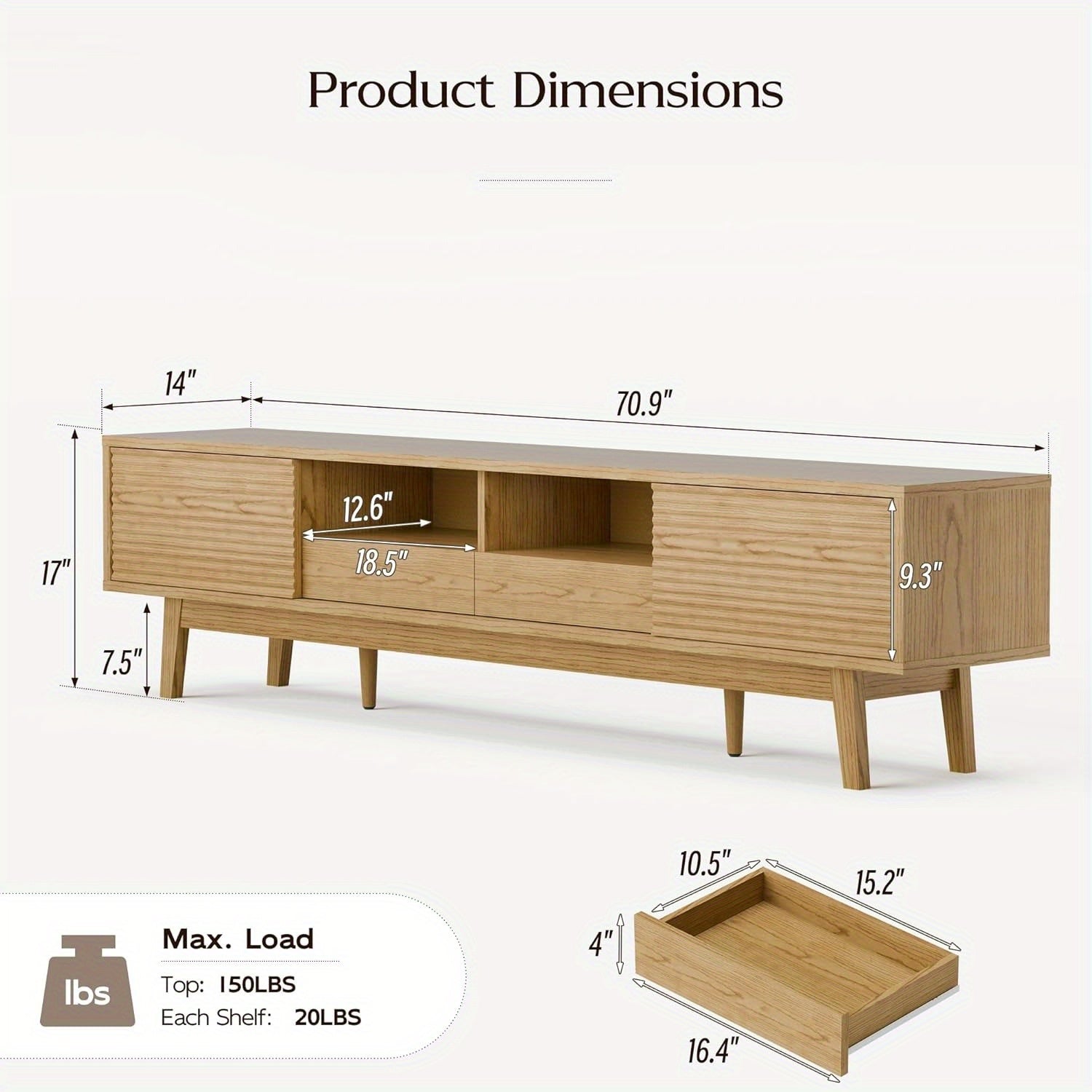 70-inch Modern TV Stand Compatible for 55\u002F65\u002F75 Inch TVs, Low Profile Media Console with Sliding Doors & Open Storage, Oak Boho Credenza Suitable for Living Room, Media for 75-inch TVs