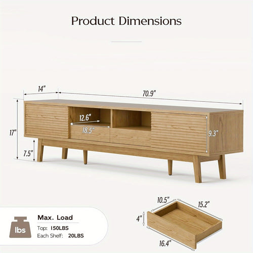 70-inch Modern TV Stand Compatible for 55\u002F65\u002F75 Inch TVs, Low Profile Media Console with Sliding Doors & Open Storage, Oak Boho Credenza Suitable for Living Room, Media for 75-inch TVs