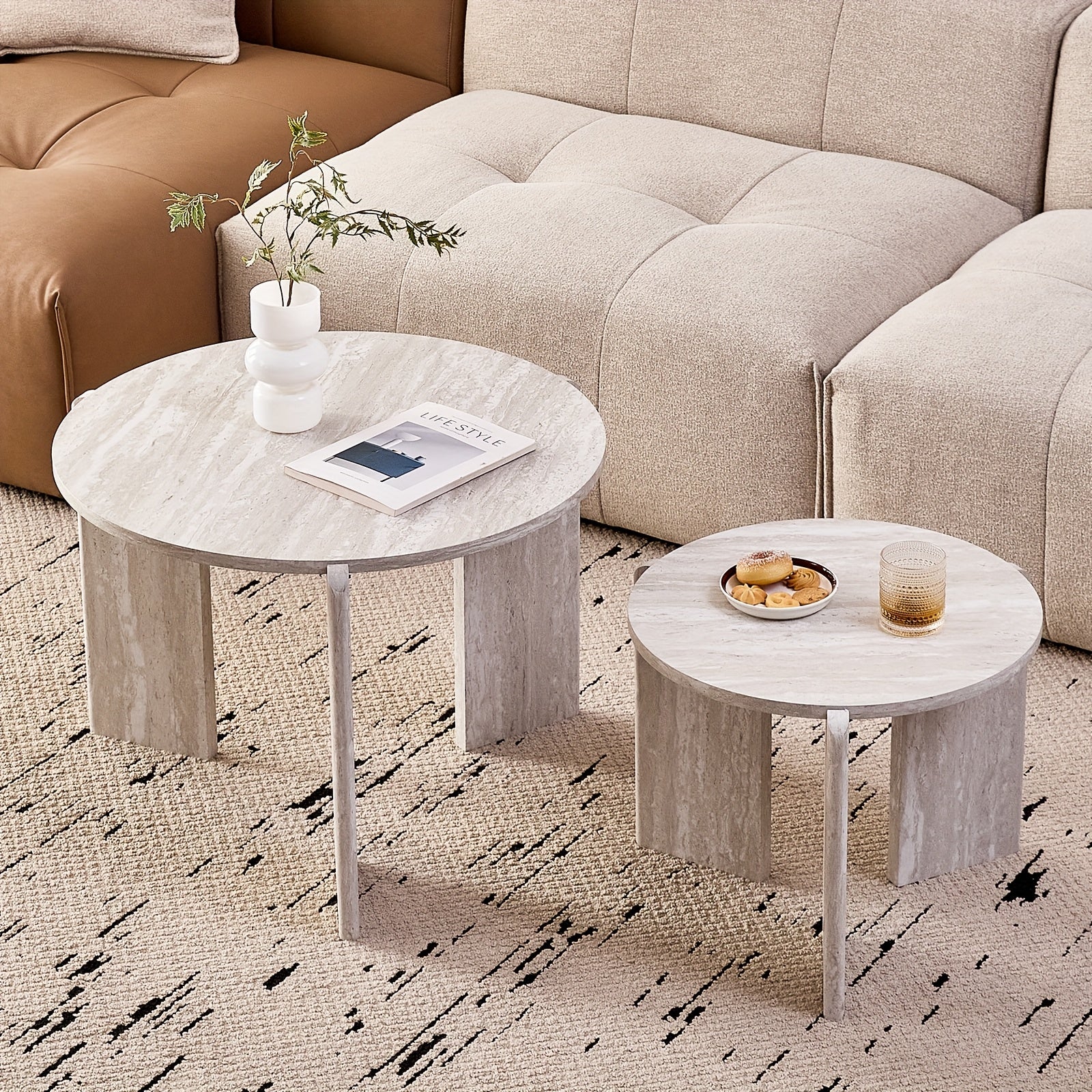 Pair of Circular Nesting Coffee Tables with Adjustable Height, Designed in a Mid-Century Modern Style, Suitable for Bedrooms, Living Rooms, Office Studios, And Apartments