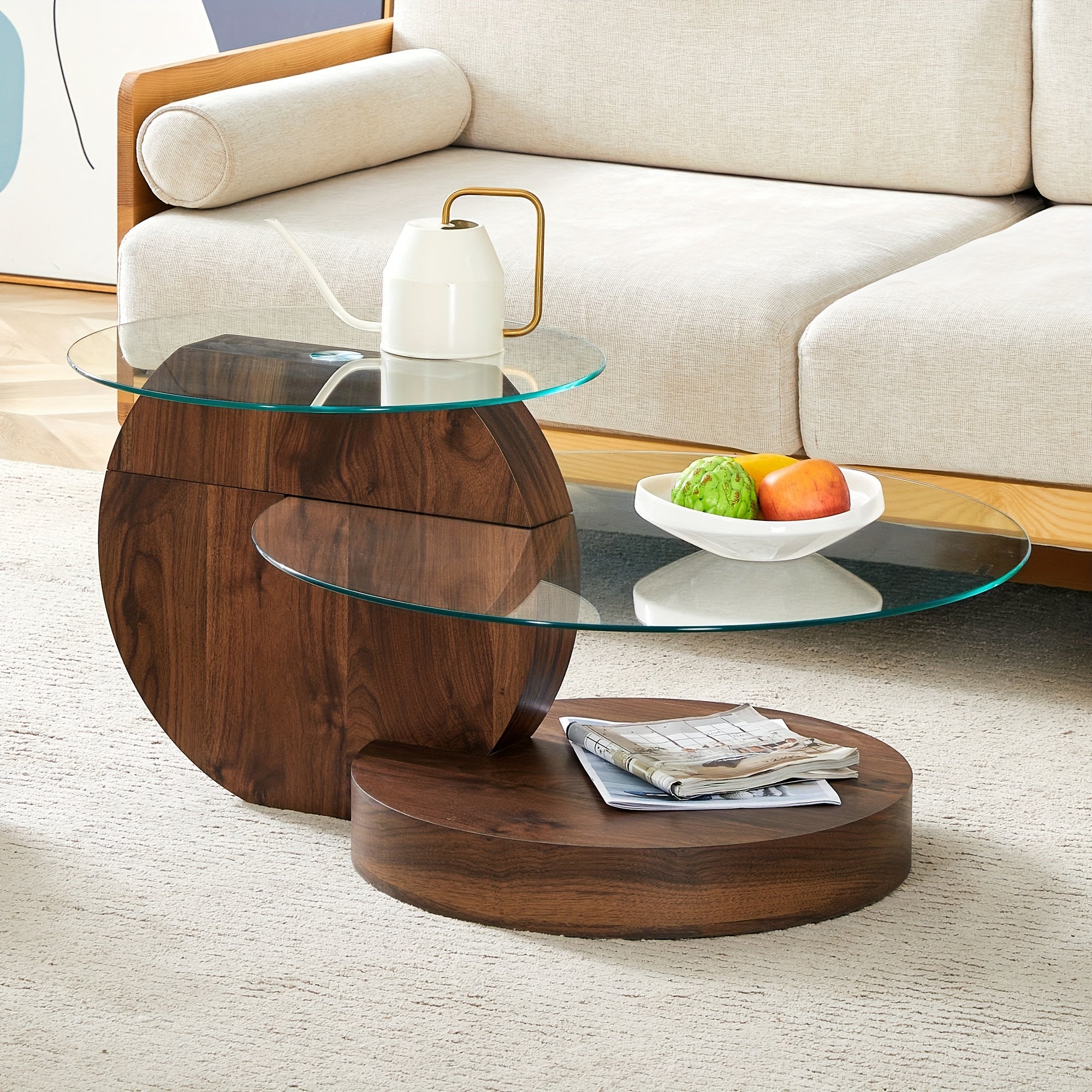 Tempering Glass Coffee Tables For Living Room Round Coffee Tables Modern Double Layer Round Table Circle Coffee Table For Small Space Home Office, Durable And Not Easily Broken, With A Modern And Fashionable Design Feel(35.4 Inch*17 Inch)