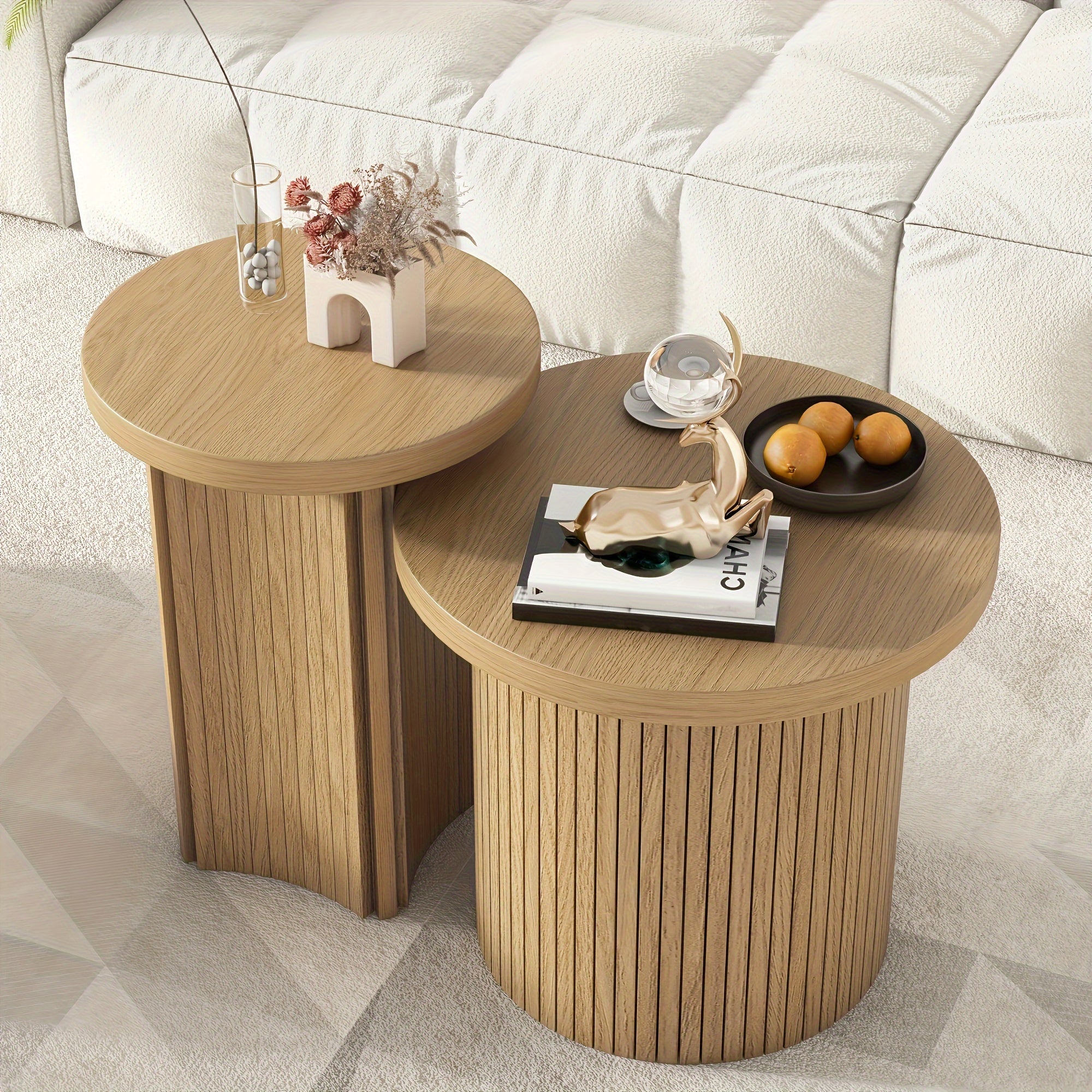 Round Wooden Coffee Table Set of 2, Modern Nesting Coffee Table, Circle Side Table for Living Room, Office, Balcony (Small 2pcs Set)