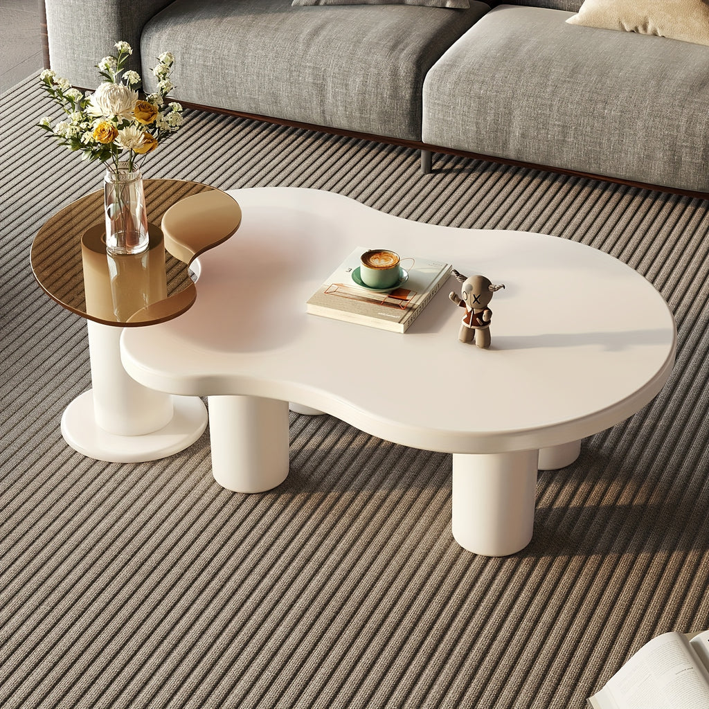 Guyii Nesting Coffee Table Set Of 2, Tempered Glass Side Table And Cloud Coffee Table, White Cream 2in 1 Modern Coffee Table, End Table for Living Room, Bedroom, Small Spaces, Easy Assembly