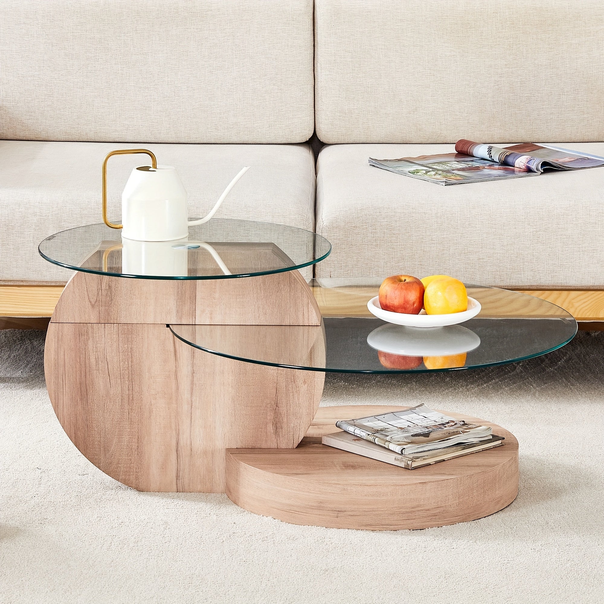 Tempering Glass Coffee Tables For Living Room Round Coffee Tables Modern Double Layer Round Table Circle Coffee Table For Small Space Home Office, Durable And Not Easily Broken, With A Modern And Fashionable Design Feel(35.4 Inch*17 Inch)