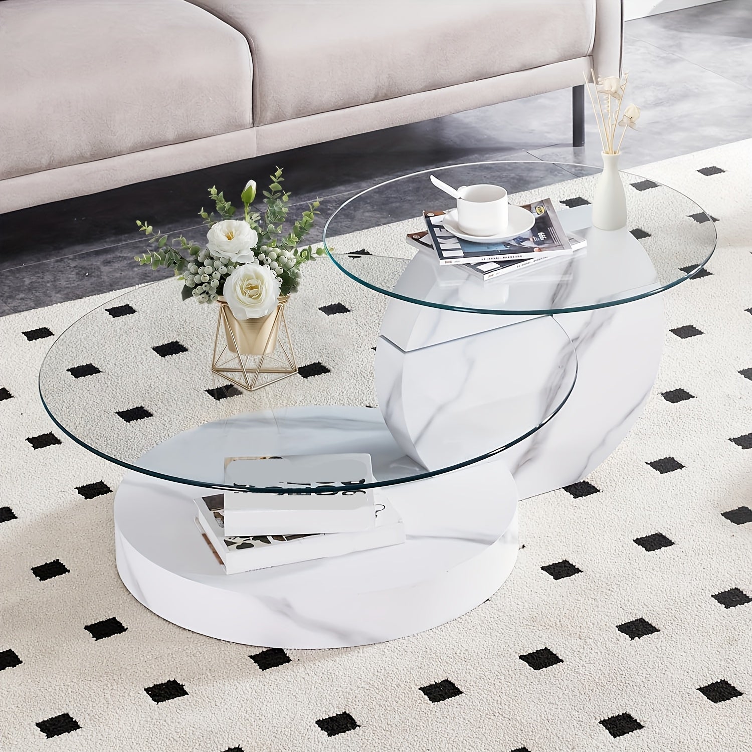 Tempering Glass Coffee Tables For Living Room Round Coffee Tables Modern Double Layer Round Table Circle Coffee Table For Small Space Home Office, Durable And Not Easily Broken, With A Modern And Fashionable Design Feel(35.4 Inch*17 Inch)