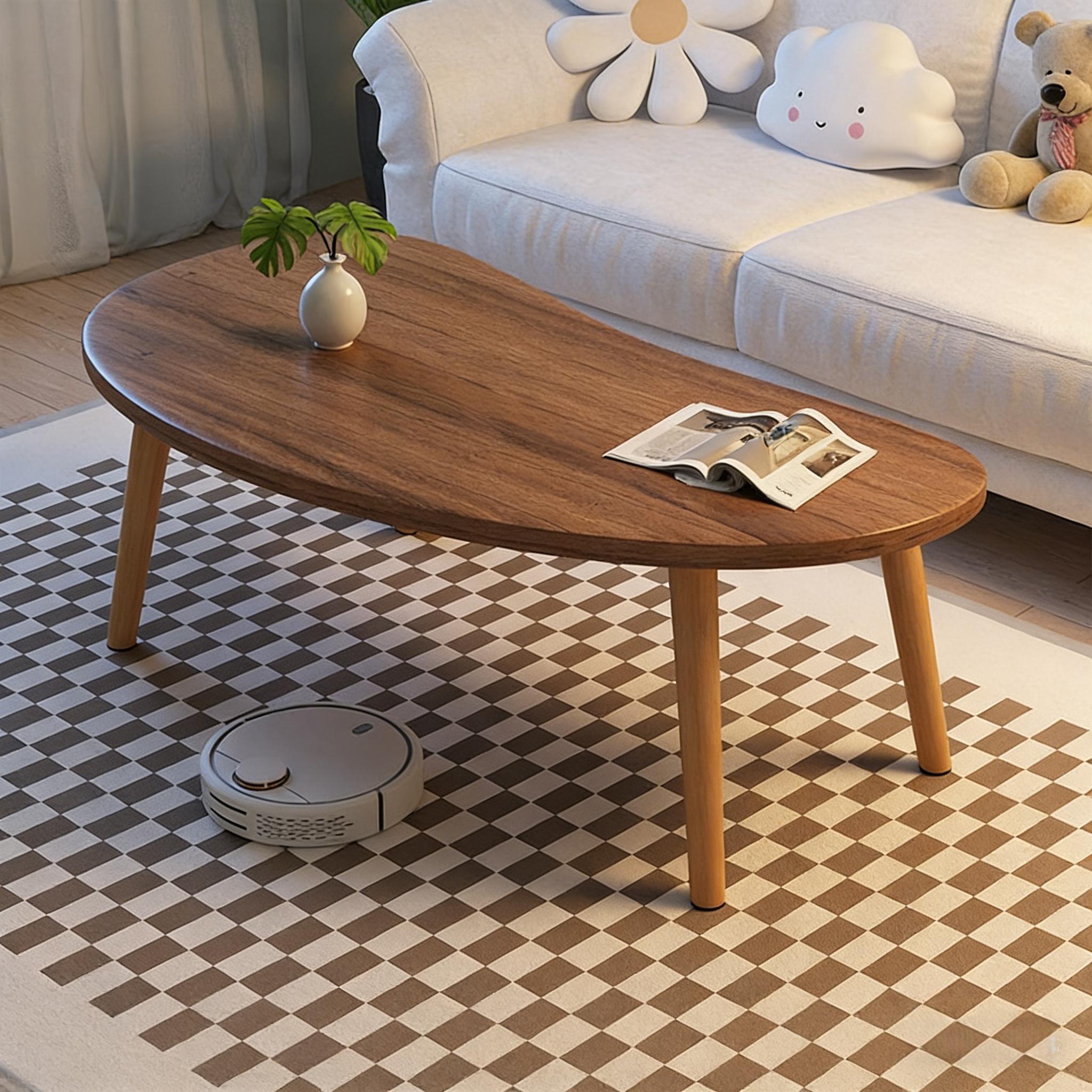 Solid Wood Nordic Modern Coffee Table with Round Edge - Space-Saving Tea Table, Natural Wood Grain, Assembly Living Room Center Table for Small Spaces Suitable for Nordic Modern Farmhouse Decor