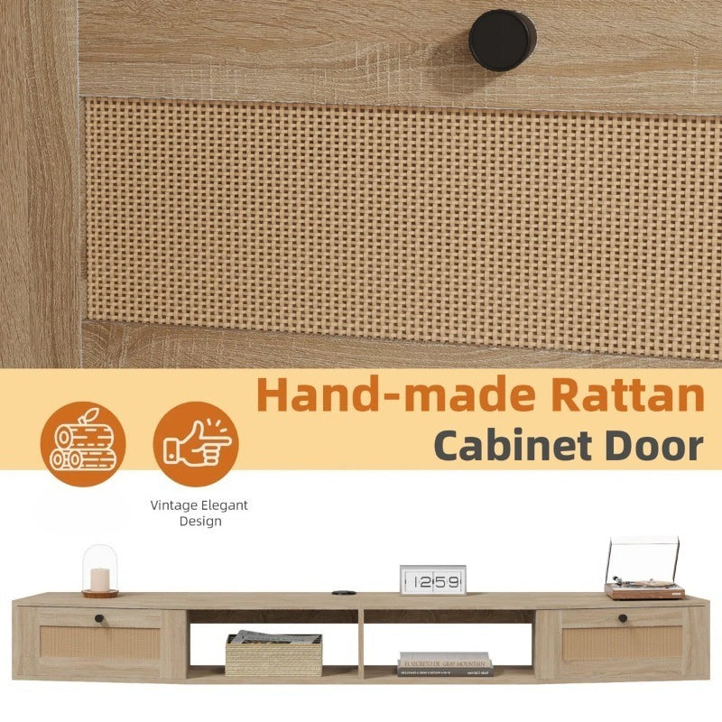 Wall-Mounted Floating TV Stand with Rattan Doors & Storage Shelf - Modern Media Console Suitable for 55\