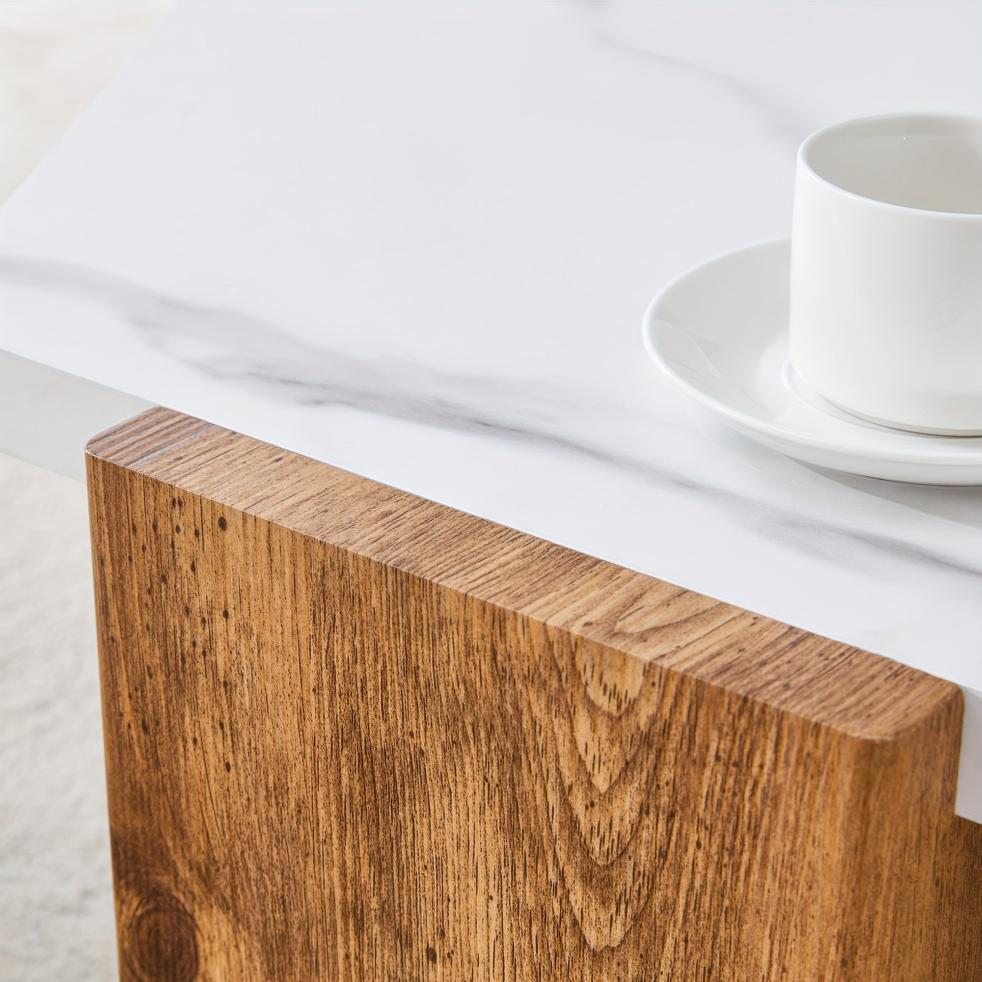 Coffee Table For Living Room, Modern Contemporary 31-Inch Hexagonal Coffee Table With White Faux Marble Tabletop, MDF Wood-Tone Three-Leg Base, Compact Small Center Table For Home Or Office, Easy Assembly, L31 X W27.4 X H13.6 In, Coffee Table Decor