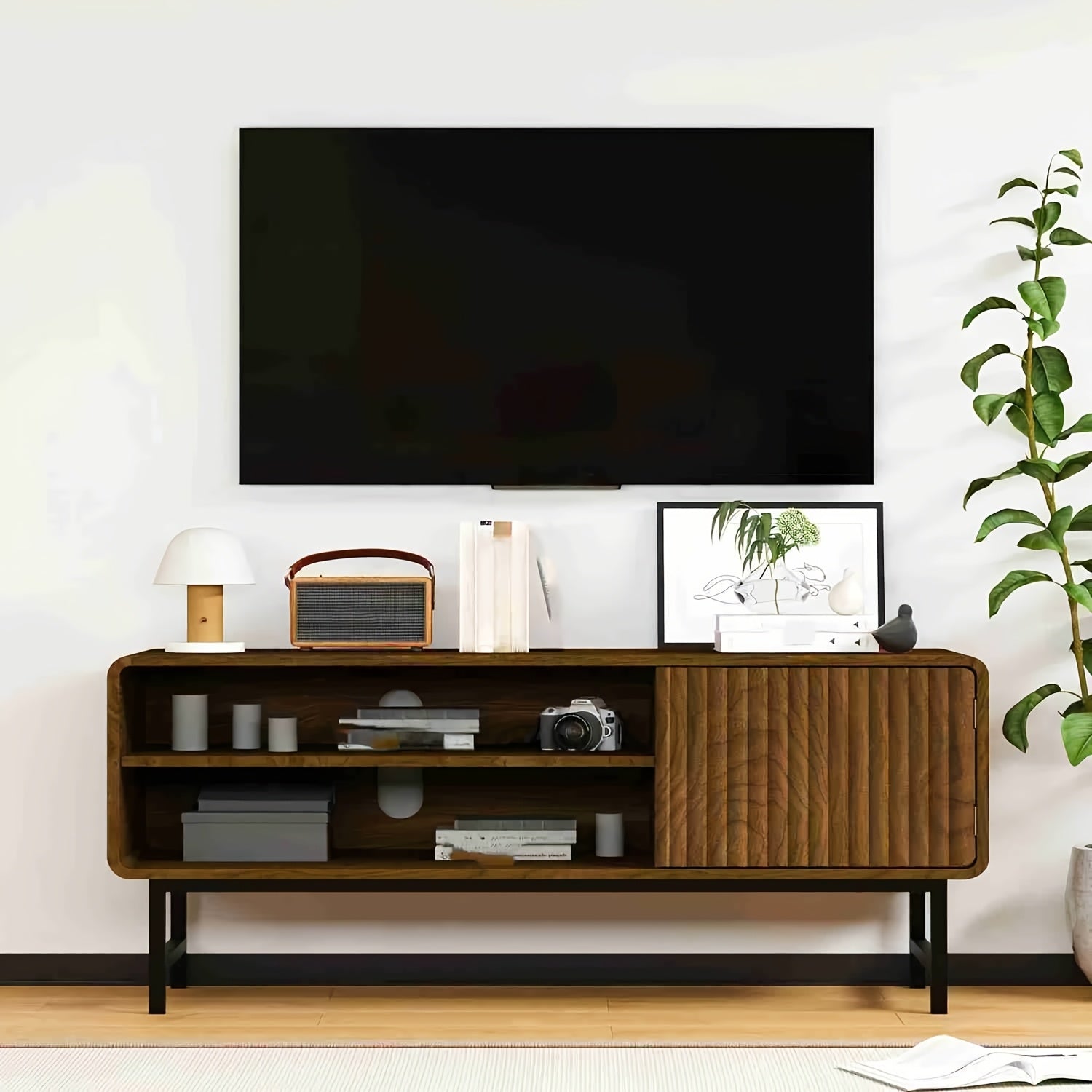43-Inch Modern Farmhouse TV Stand with Doors & Open\u002FShut Cabinets - Wood Entertainment Center Suitable for TVs 30-50\