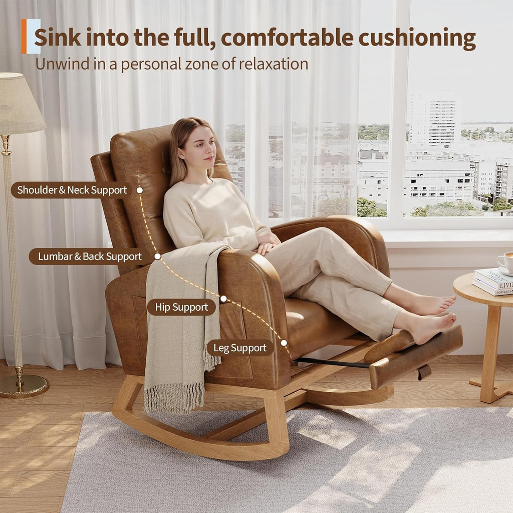 Single Modern Rocker Chair for Living Room | Faux Leather Cushioned, Comfortable Recliner with Side Pocket and Footrest, Brown, Suitable for Living Room, Bedroom, or Nursing Room, EUKER Brand