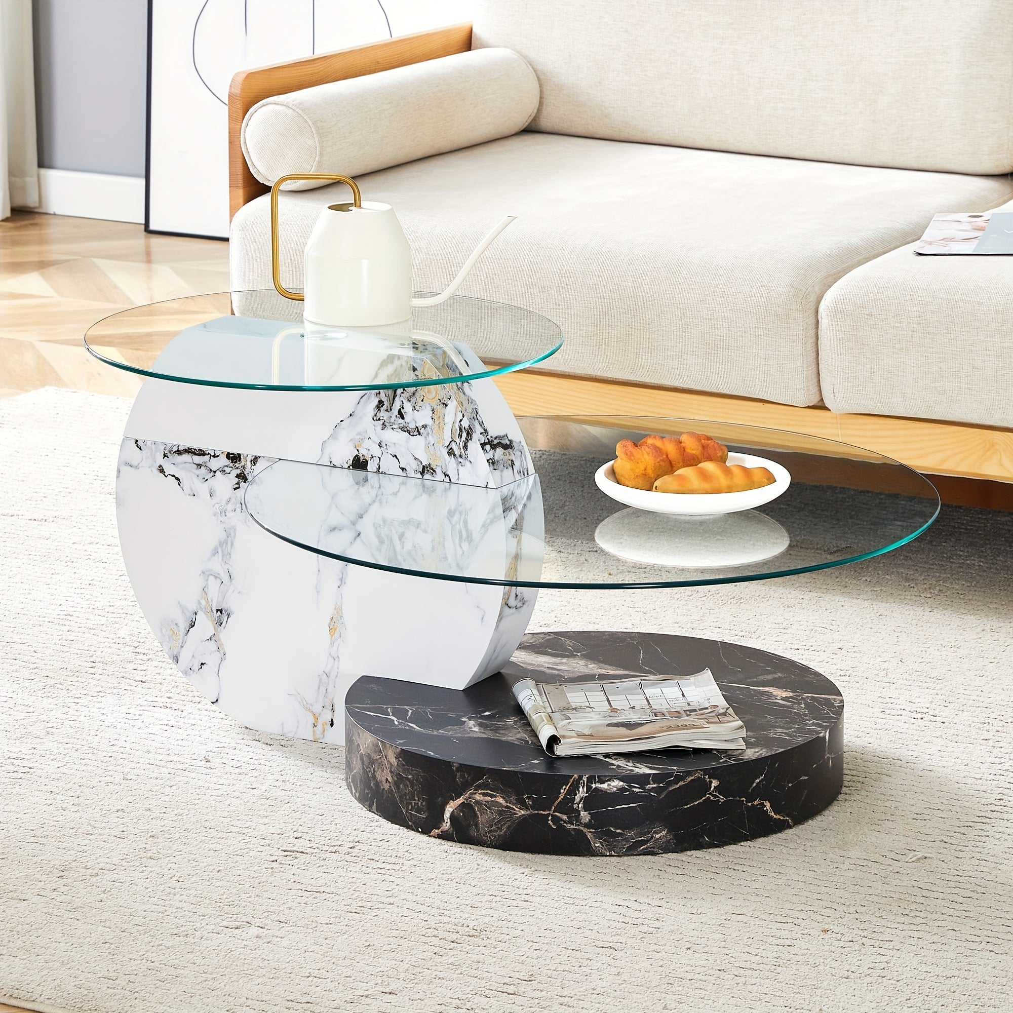 Tempering Glass Coffee Tables For Living Room Round Coffee Tables Modern Double Layer Round Table Circle Coffee Table For Small Space Home Office, Durable And Not Easily Broken, With A Modern And Fashionable Design Feel(35.4 Inch*17 Inch)