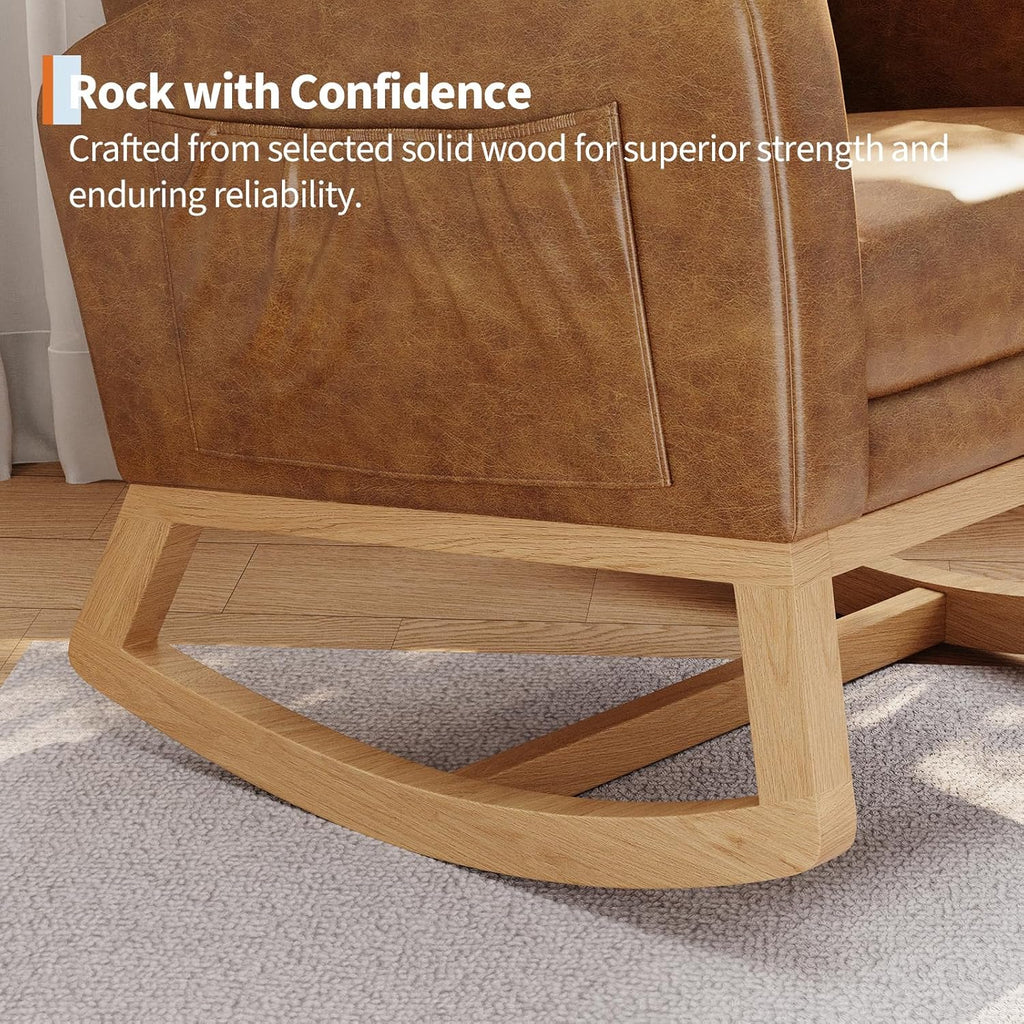 Single Modern Rocker Chair for Living Room | Faux Leather Cushioned, Comfortable Recliner with Side Pocket and Footrest, Brown, Suitable for Living Room, Bedroom, or Nursing Room, EUKER Brand