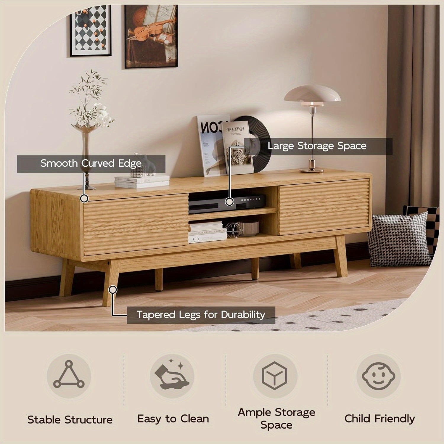 70-inch Modern TV Stand Compatible for 55\u002F65\u002F75 Inch TVs, Low Profile Media Console with Sliding Doors & Open Storage, Oak Boho Credenza Suitable for Living Room, Media for 75-inch TVs