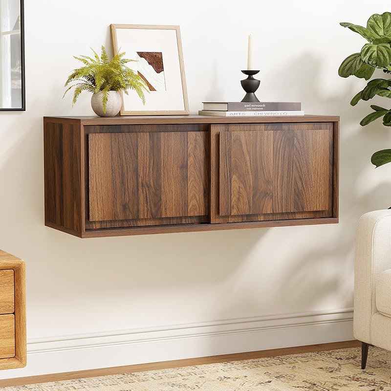 Modern Floating TV Stand, Accent Nightstands Wall Mounted Bedside Table Handless Storage Cabinet with Sliding Doors for Living Room Bedroom, Natural Oak