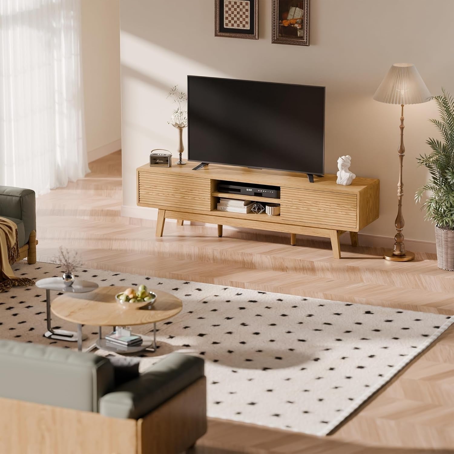 70-inch Modern TV Stand Compatible for 55\u002F65\u002F75 Inch TVs, Low Profile Media Console with Sliding Doors & Open Storage, Oak Boho Credenza Suitable for Living Room, Media for 75-inch TVs