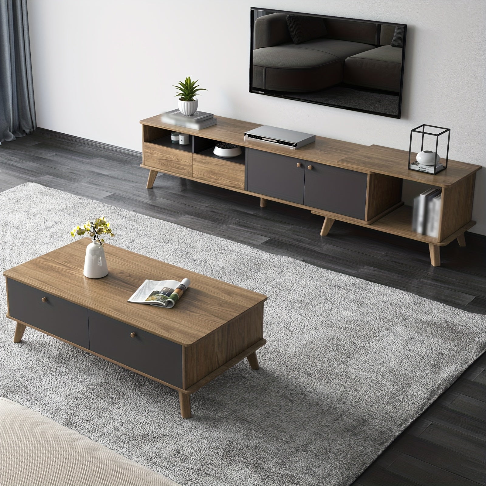 3pcs Mid Century Modern TV Stand Entertainment Center | Extendable TV Cabinet, Coffee Table and Side Table Set of 3, TV Cabinet with Storage for TVs Up to 80\