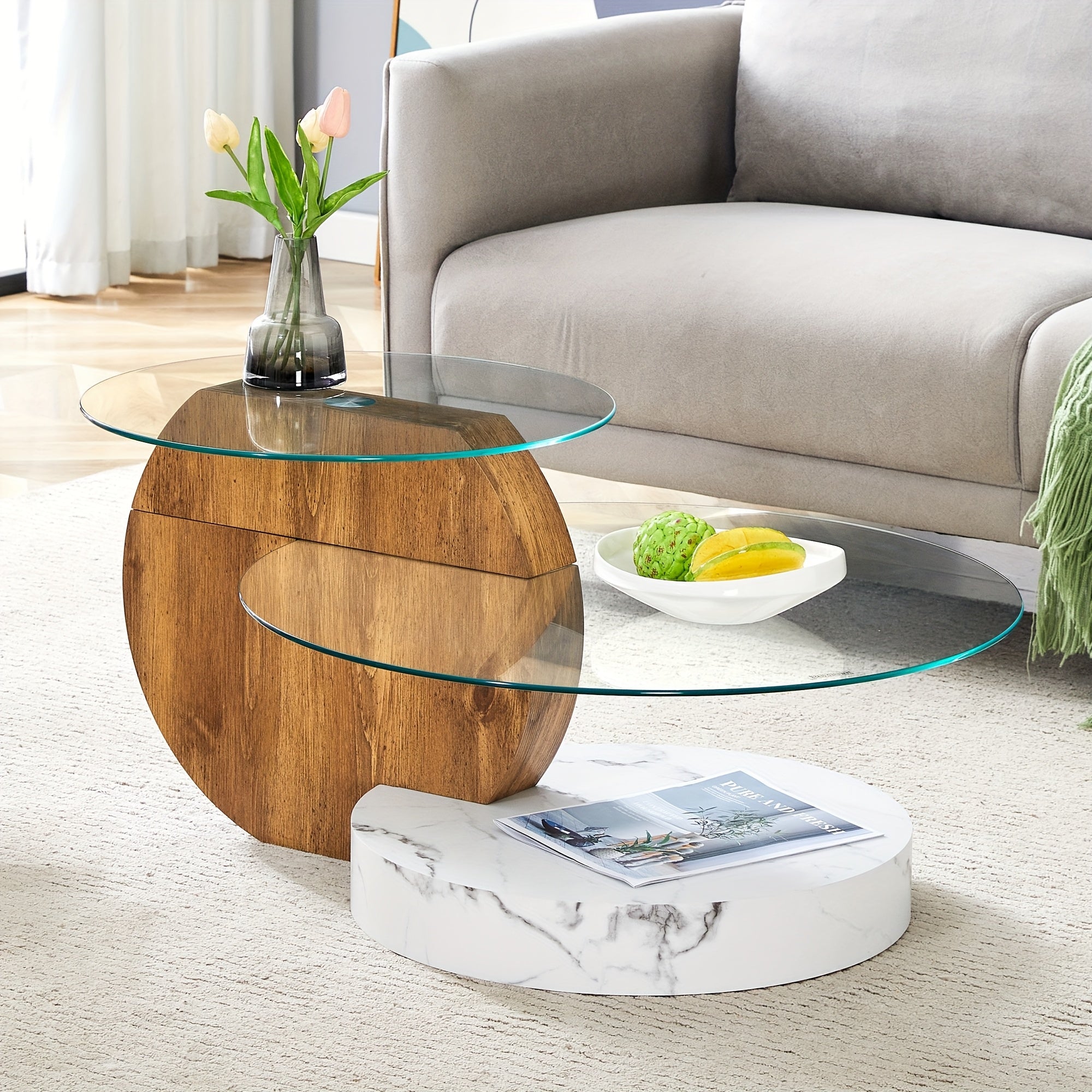 Tempering Glass Coffee Tables For Living Room Round Coffee Tables Modern Double Layer Round Table Circle Coffee Table For Small Space Home Office, Durable And Not Easily Broken, With A Modern And Fashionable Design Feel(35.4 Inch*17 Inch)