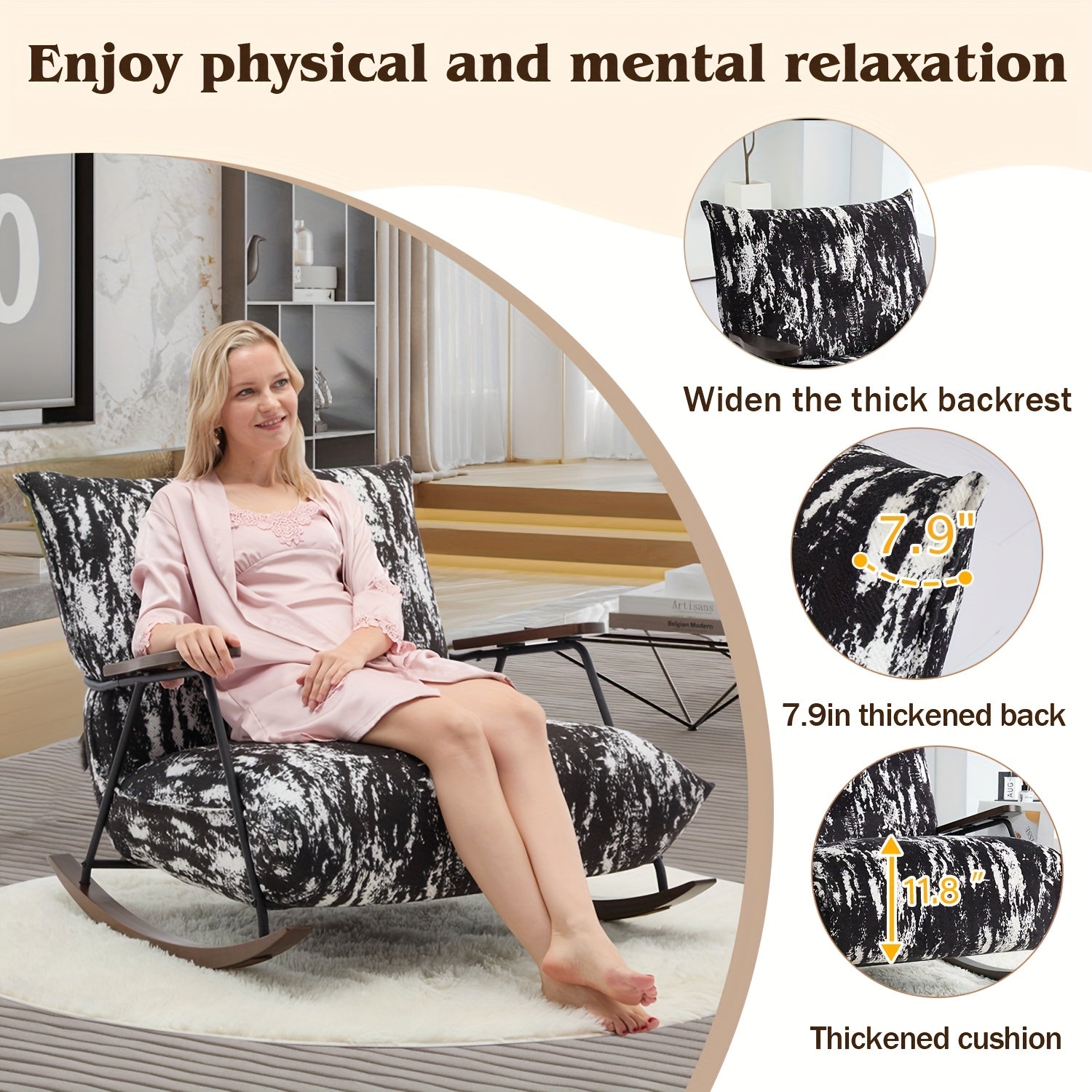 Accent Chair, Rocking Chair With Big Cushion, Armrest Reclining Chair, Gliding Reclining Chair, Multi-scenario Retro Lazy Chair, Black Faux Mink Fur Reclining Chair