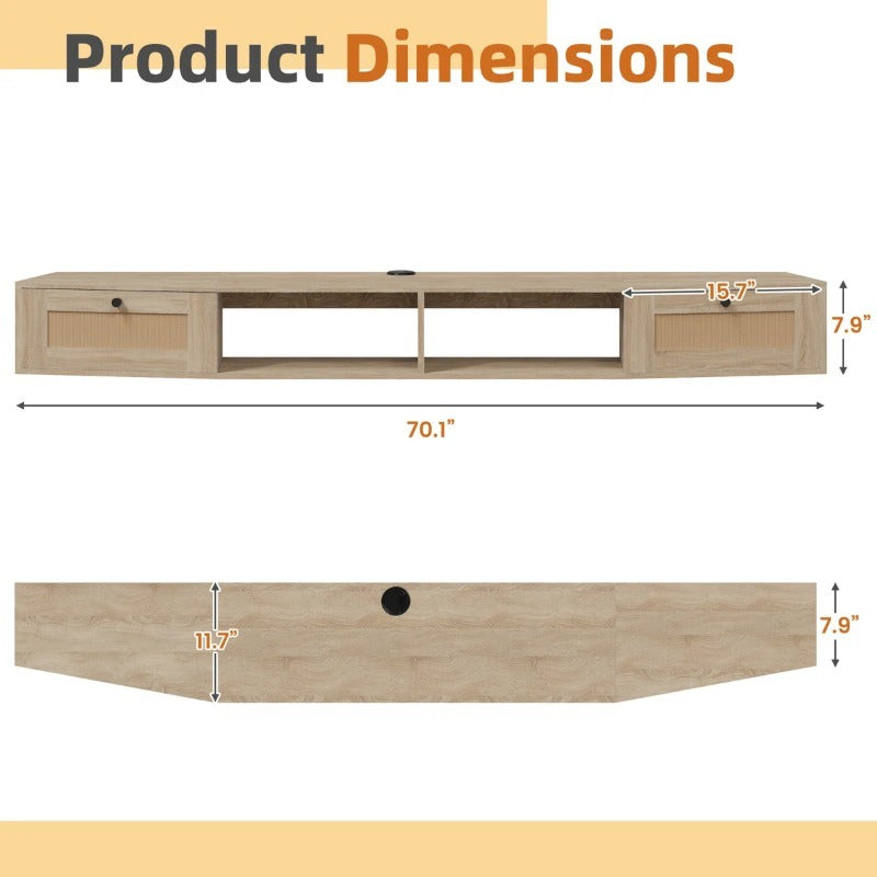 Wall-Mounted Floating TV Stand with Rattan Doors & Storage Shelf - Modern Media Console Suitable for 55\