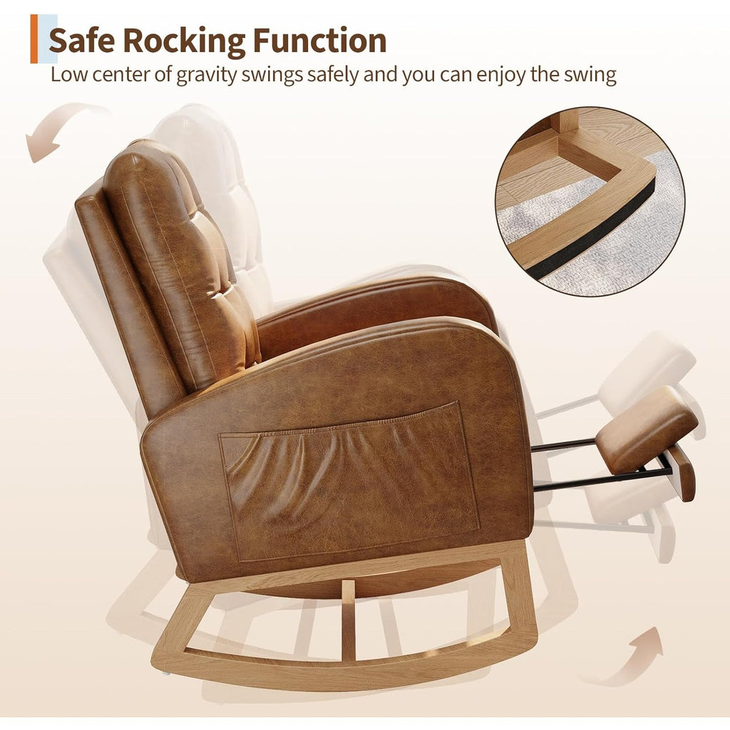 Single Modern Rocker Chair for Living Room | Faux Leather Cushioned, Comfortable Recliner with Side Pocket and Footrest, Brown, Suitable for Living Room, Bedroom, or Nursing Room, EUKER Brand