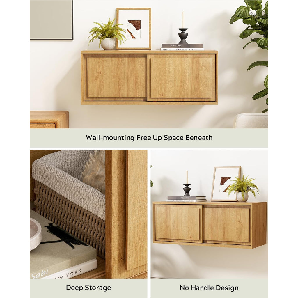 Modern Floating TV Stand, Accent Nightstands Wall Mounted Bedside Table Handless Storage Cabinet with Sliding Doors for Living Room Bedroom, Natural Oak