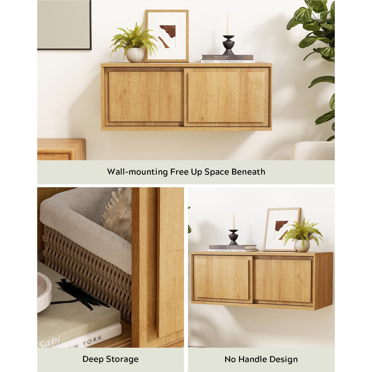 Modern Floating TV Stand, Accent Nightstands Wall Mounted Bedside Table Handless Storage Cabinet with Sliding Doors for Living Room Bedroom, Natural Oak