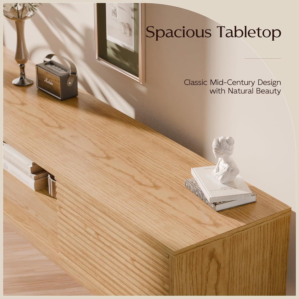 70-inch Modern TV Stand Compatible for 55\u002F65\u002F75 Inch TVs, Low Profile Media Console with Sliding Doors & Open Storage, Oak Boho Credenza Suitable for Living Room, Media for 75-inch TVs