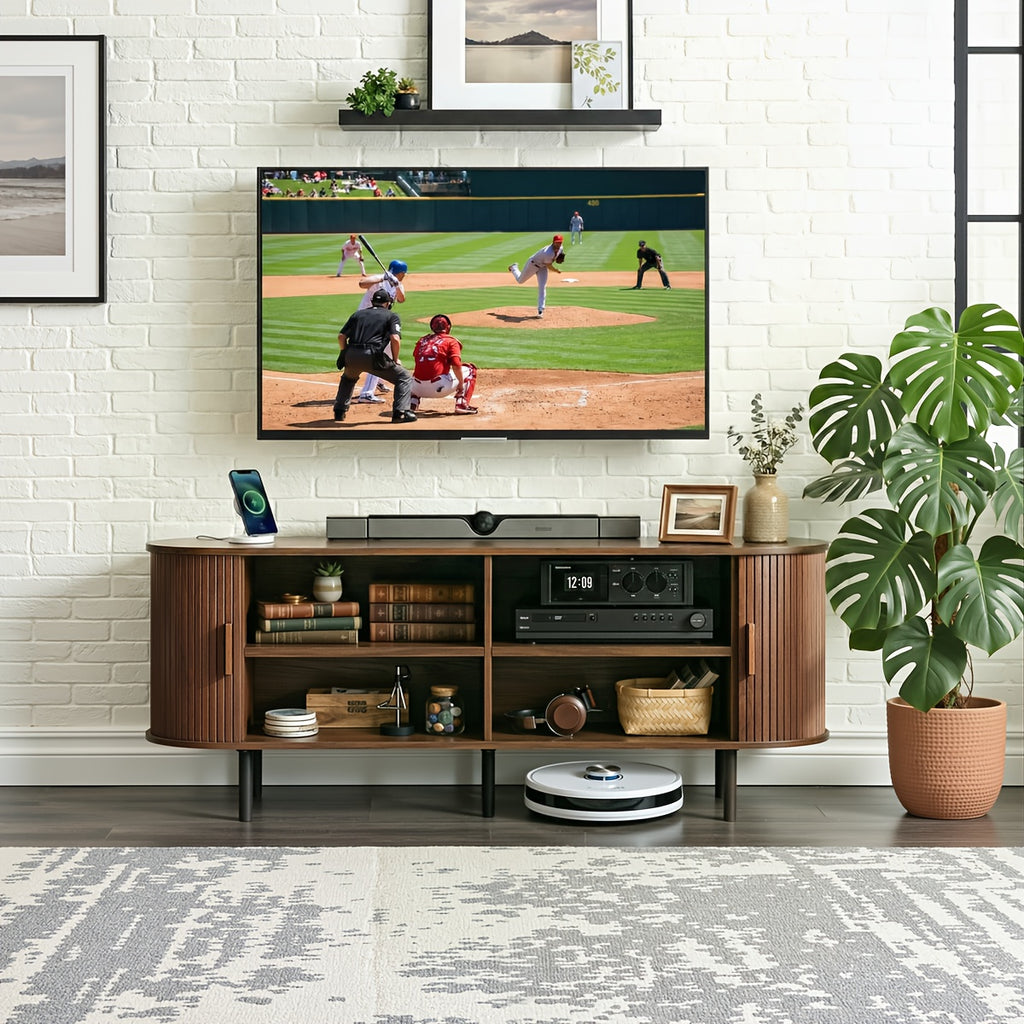 TV Stand, Wide Sturdy Modern Entertainment Center with Adjustable Shelves, Sliding Doors & Ample Storage, for 90 Inch TVs, 86 Inch\u002F70.8 Inch\u002F55 Inch, Walnut\u002FBlack\u002FOak, Media Console for Living Room Bedroom, with Power Outlet