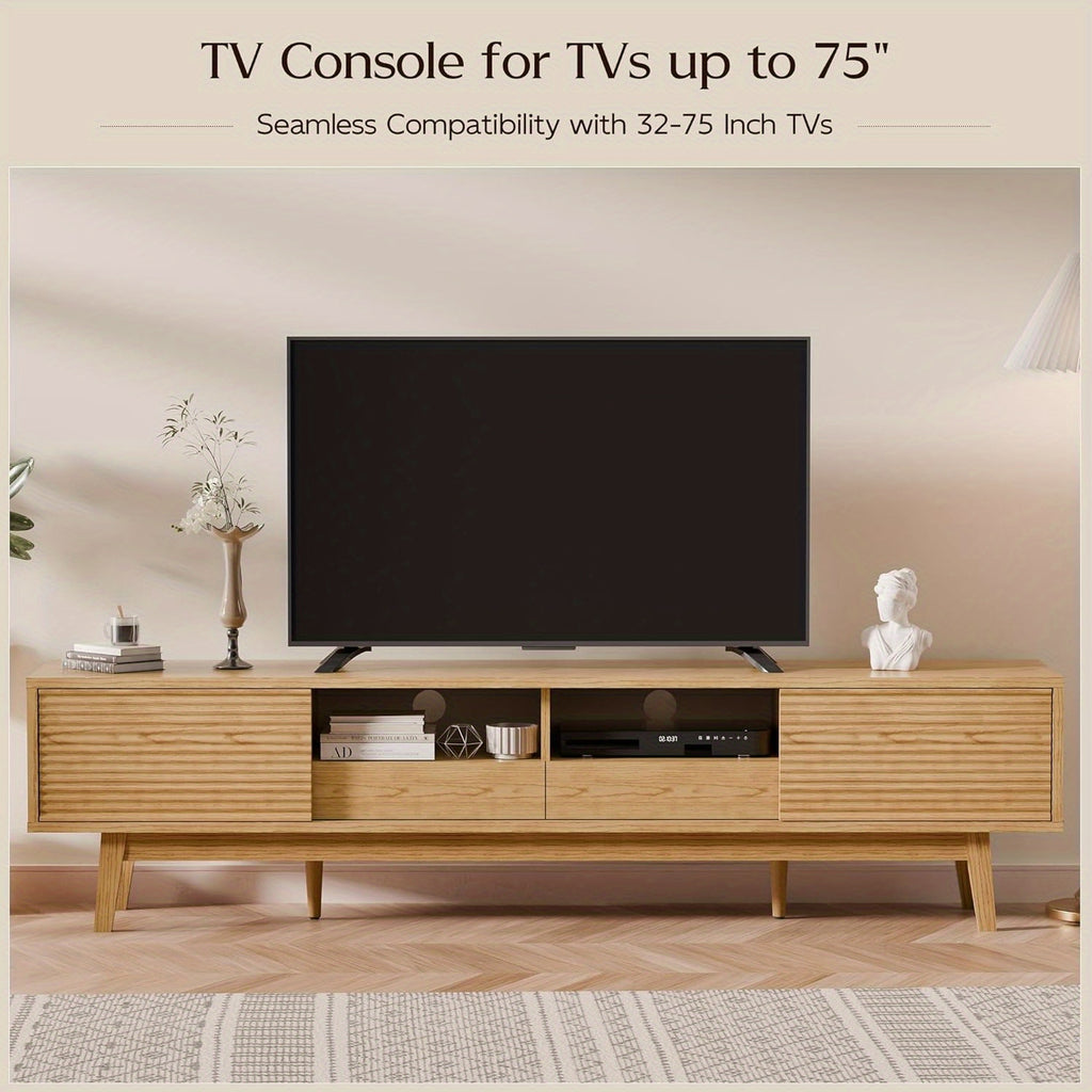 70-inch Modern TV Stand Compatible for 55\u002F65\u002F75 Inch TVs, Low Profile Media Console with Sliding Doors & Open Storage, Oak Boho Credenza Suitable for Living Room, Media for 75-inch TVs